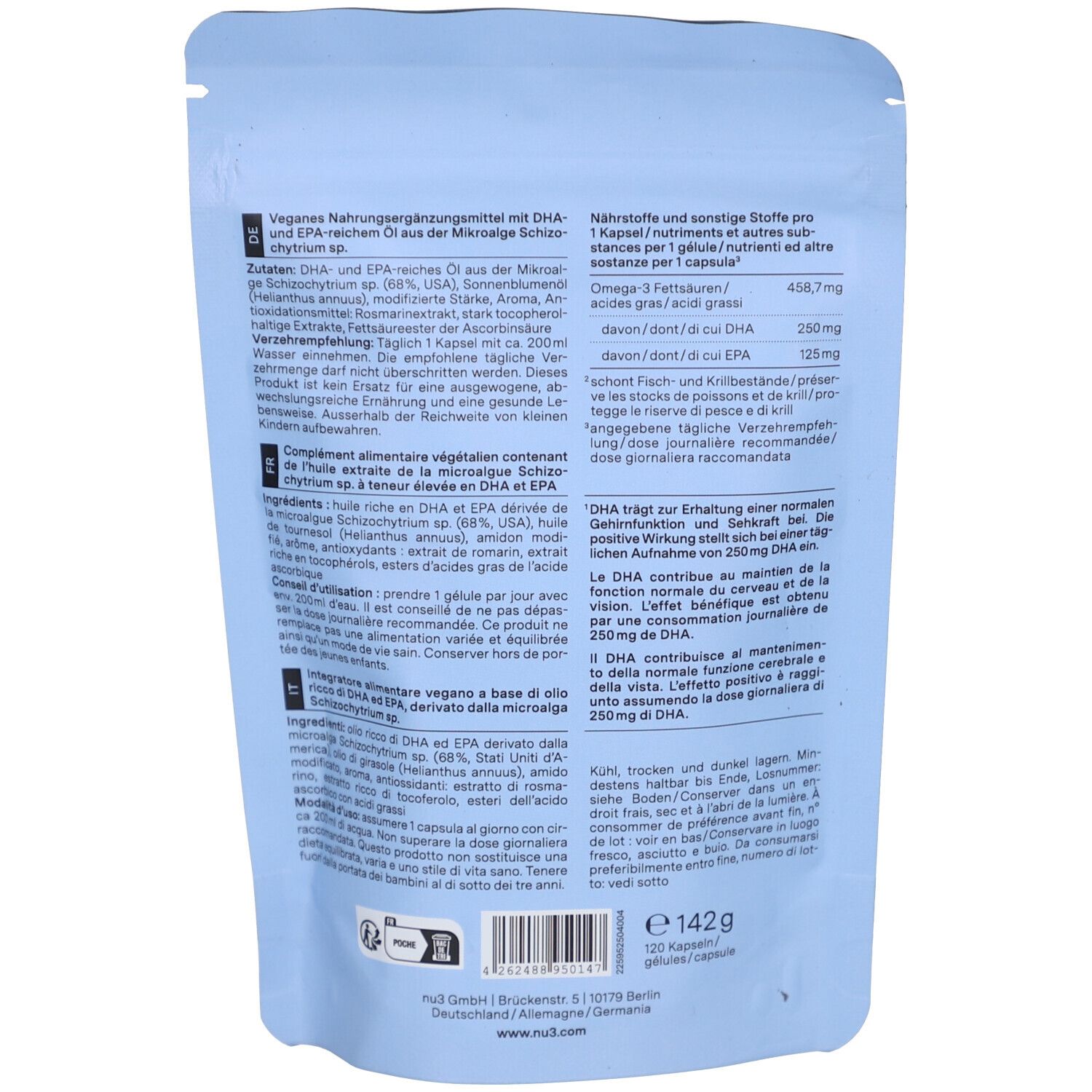 Rückseite der hellblauen Beutelverpackung. Enthält Informationen zu Inhaltsstoffen, Nährwerten und Verzehrempfehlungen. Gewicht: 142g.