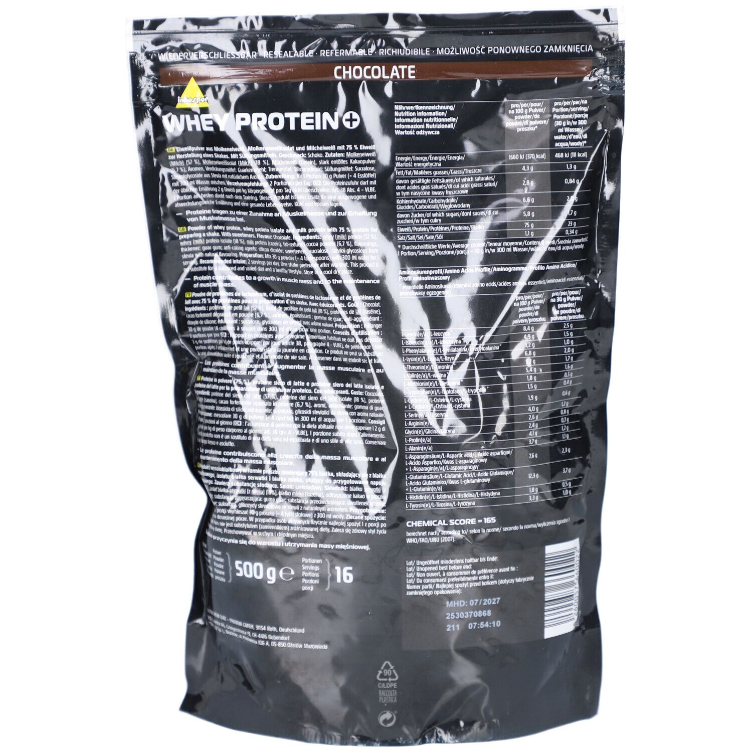 Rückseite der schwarzen Verpackung. Enthält Informationen und Nährwertangaben. "500g e" und "16" sind sichtbar.