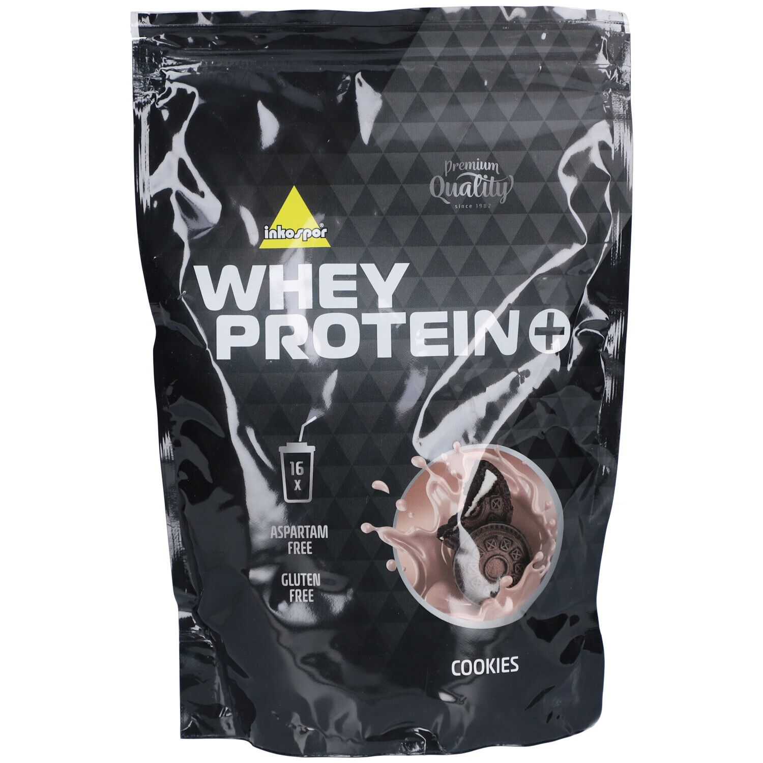 Schwarze Verpackung mit "Inkospor Whey Protein + Cookies & Cream". Enthält 16 Portionen. Glutenfrei, Aspartamfrei.