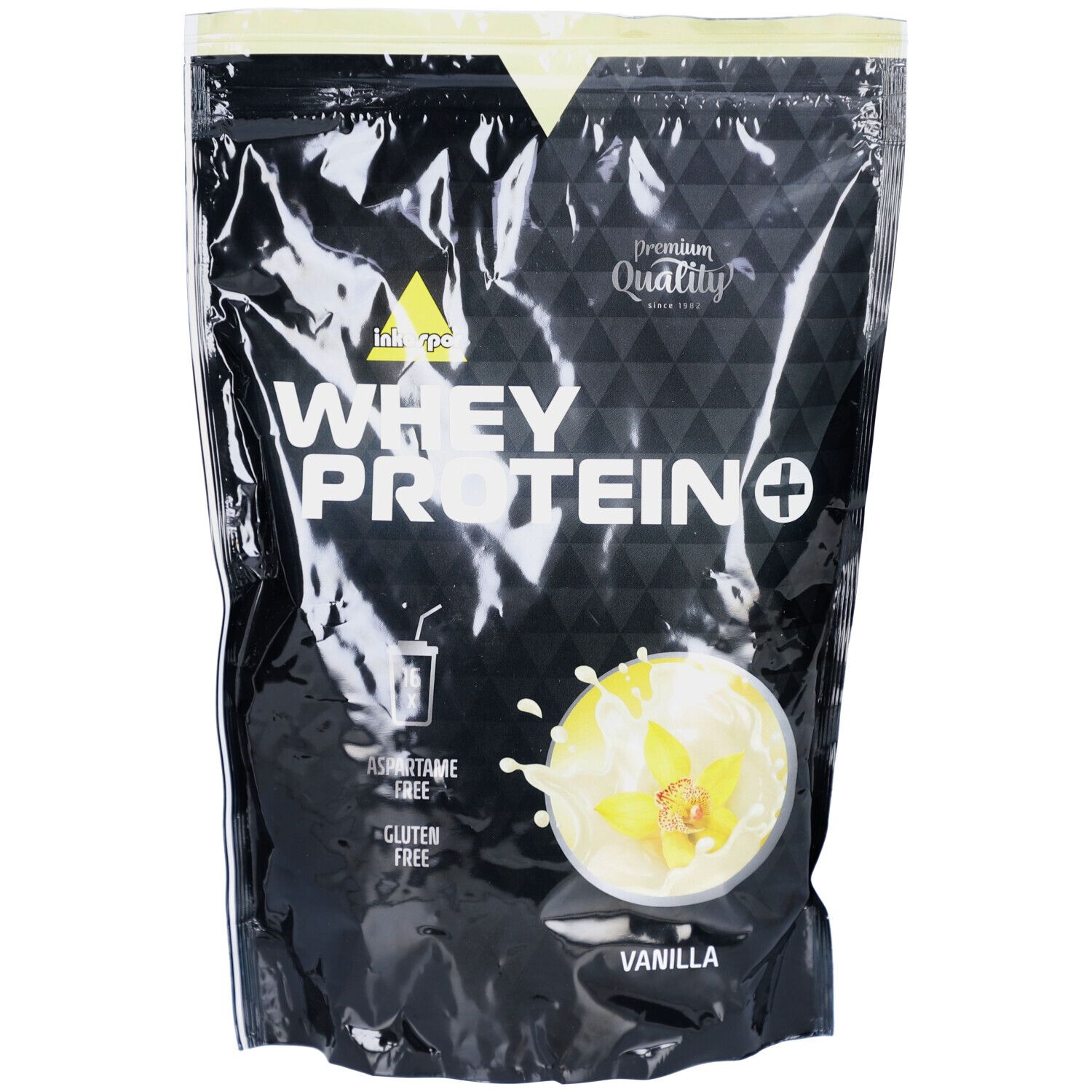 Schwarzer Beutel mit Inkospor Whey Protein + Vanille. Aufdruck: Whey Protein +, Vanille, Premium Quality. Abbildung: Getränk mit Vanille.