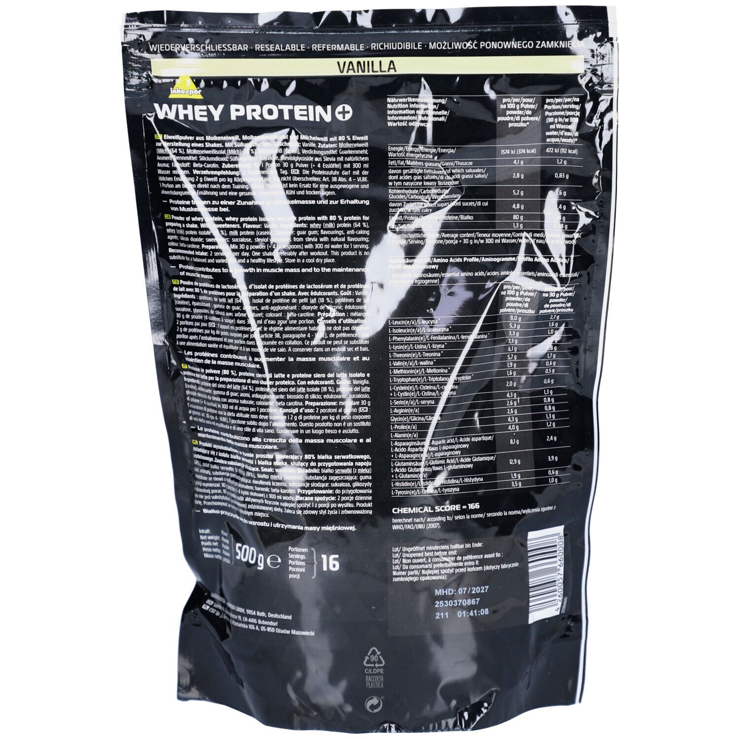 Rückseite des schwarzen Beutels Inkospor Whey Protein + Vanille. Text mit Nährwertangaben und Inhaltsstoffen. Aufdruck: 500g, 16.