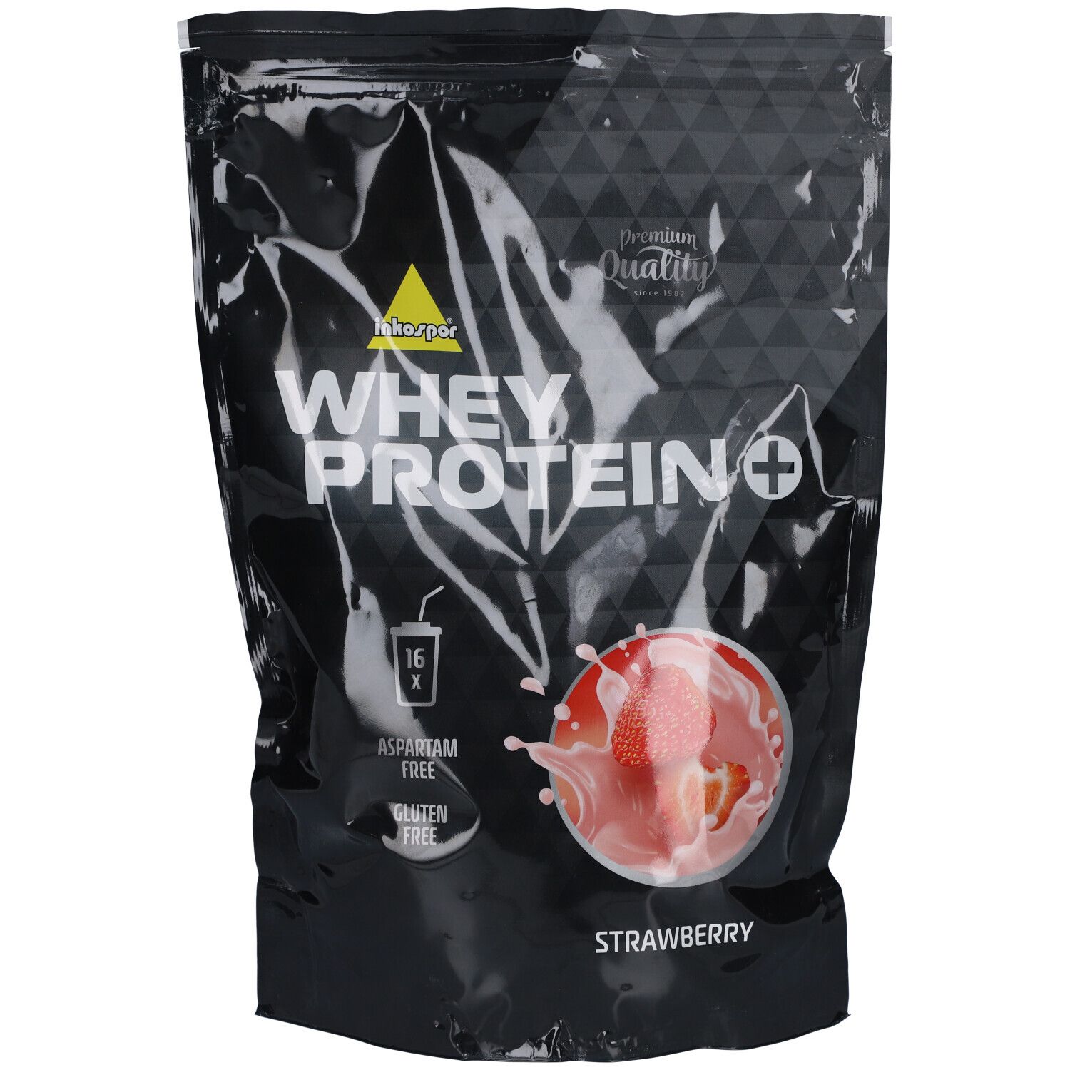 Schwarze Verpackung mit Inkospor Whey Protein + Erdbeere. Aufdruck: Whey Protein +, Erdbeere, Aspartam-frei, Gluten-frei.