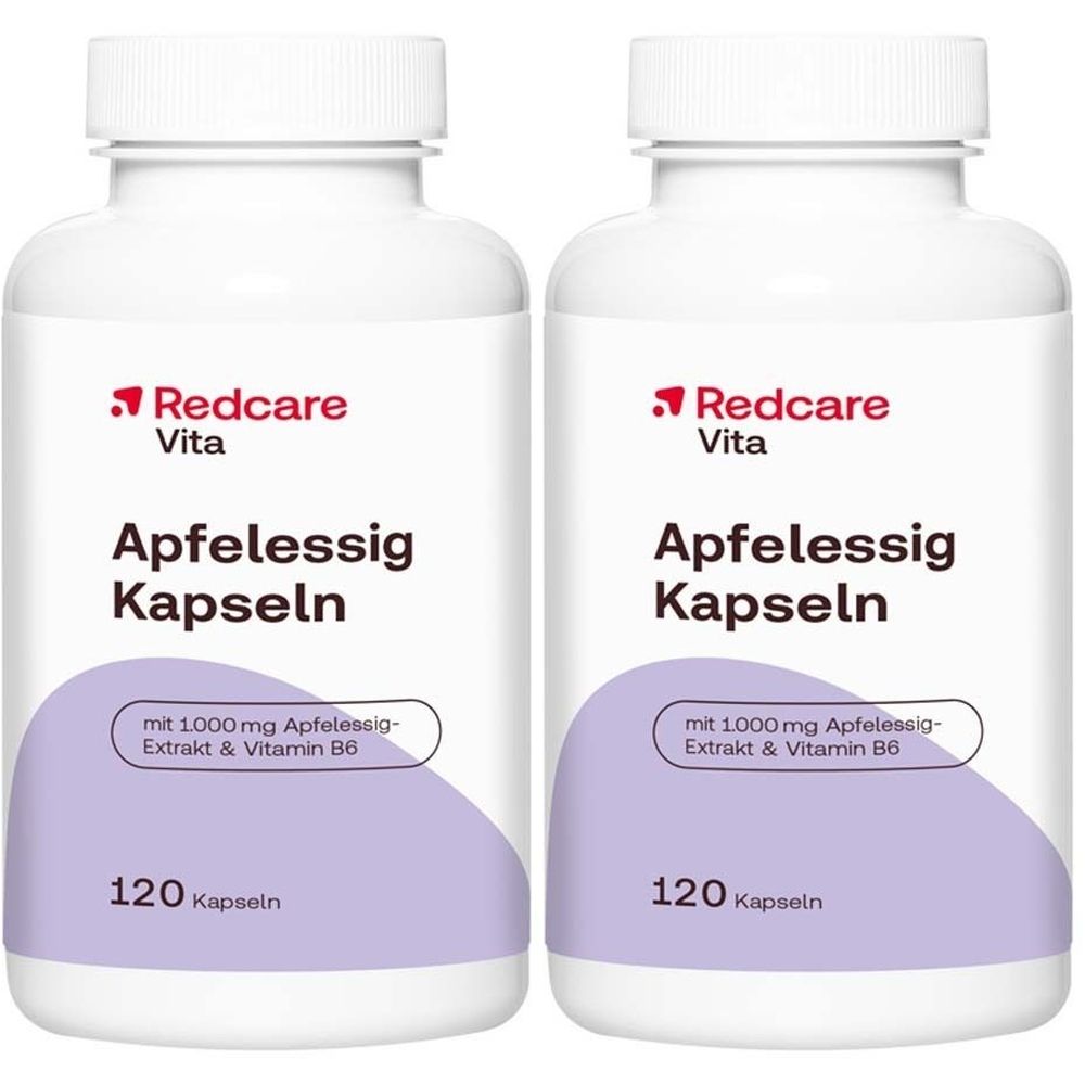 Zwei weiße Flaschen mit Kapseln. Aufschrift: Redcare Vita Apfelessig Kapseln, 120 Kapseln.