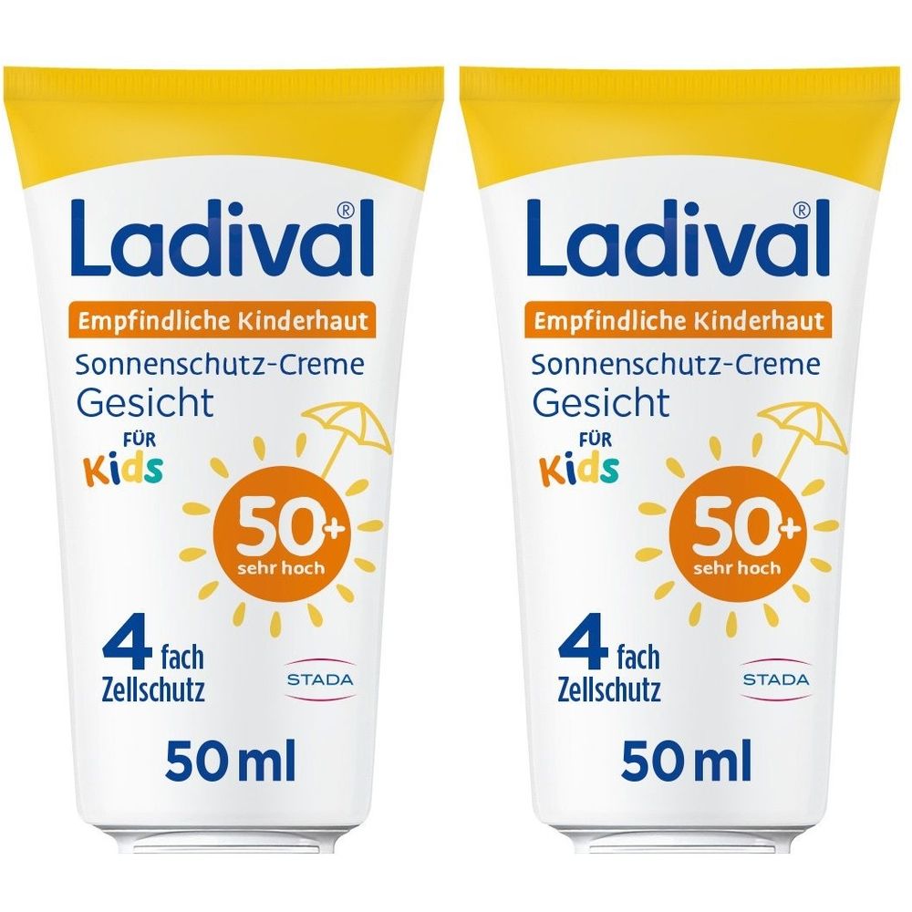 Zwei Tuben Ladival Sonnenschutz-Creme LSF 50+ für Kinderhaut. Gelbe Kappe, weiße Tube, blaue Schrift.