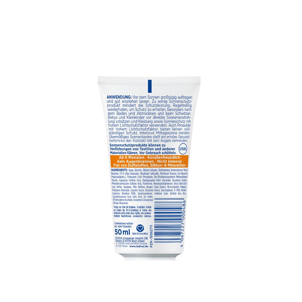 Rückseite der Ladival Sonnenschutz-Creme Tube. Text in deutscher Sprache, Inhaltsstoffe, Barcode.