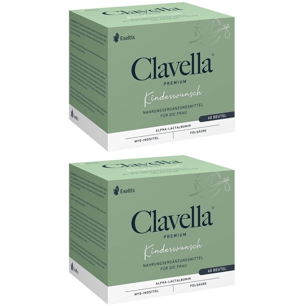 Zwei grüne Kartons mit "Clavella Premium Kinderwunsch". Aufschrift: Nahrungsergänzungsmittel für die Frau. 60 Beutel.