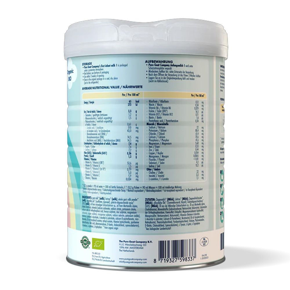 Rückseite der Dose Bio Pre Anfangsmilch. Nährwertangaben, Zutatenliste, Herstellerinformationen. Bio-Siegel.