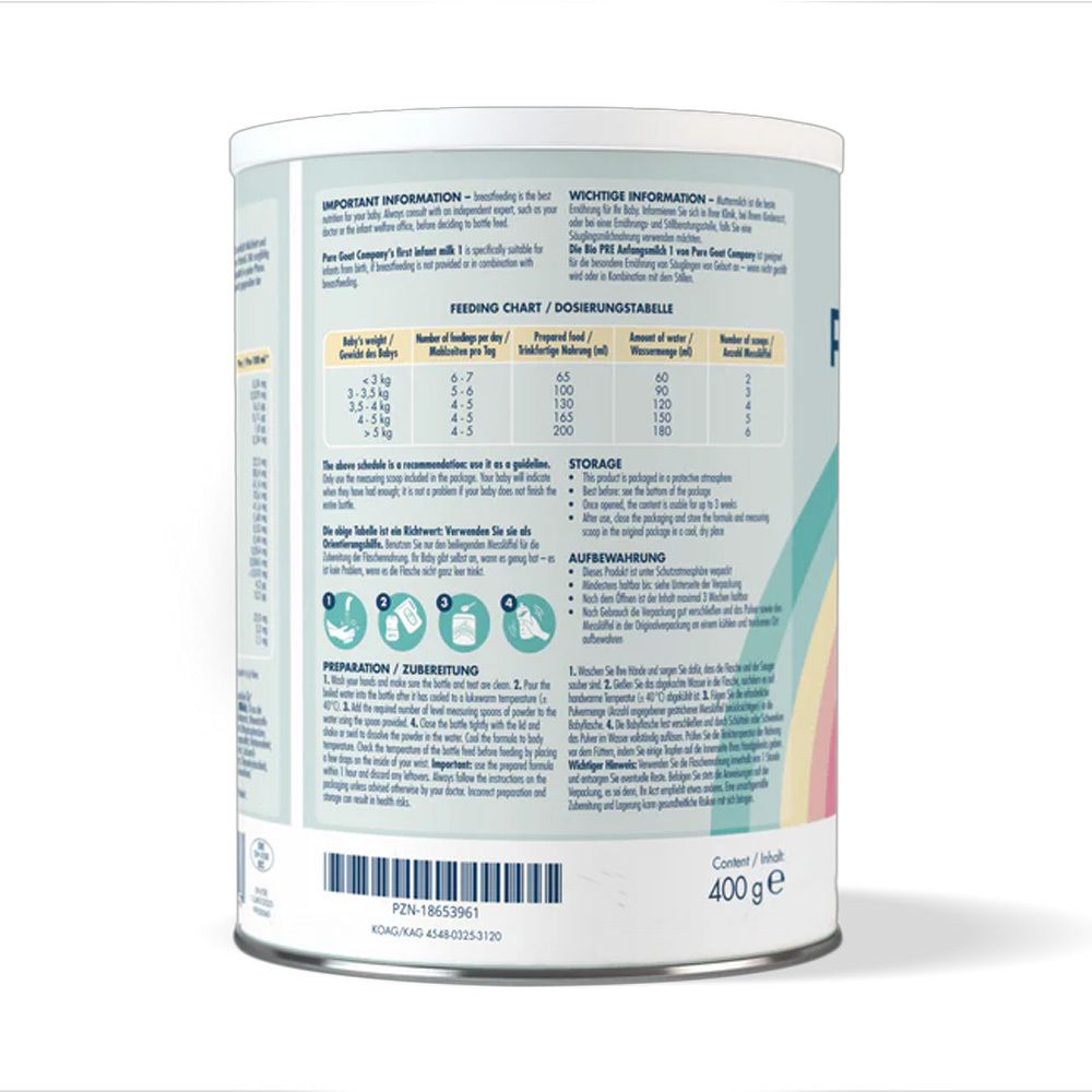Rückseite der Dose Bio Pre Anfangsmilch 1. Informationen zur Fütterung, Lagerung und Zubereitung. 400g. Barcode. Marke Pure Goat Company.