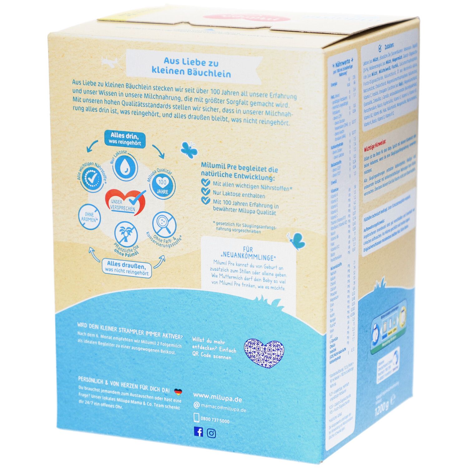 Seite der Milupa Milumil Pre 1,2 kg Packung. Informationen über die Entwicklung und Inhaltsstoffe. Mit Logo.