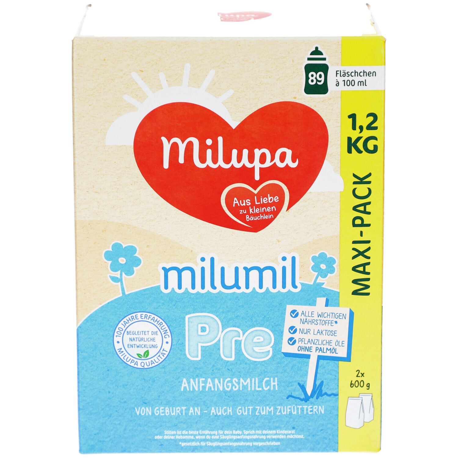 Milupa Milumil Pre 1,2 kg Maxi-Pack. Karton mit Produktinformationen und Logo. Geeignet ab Geburt.