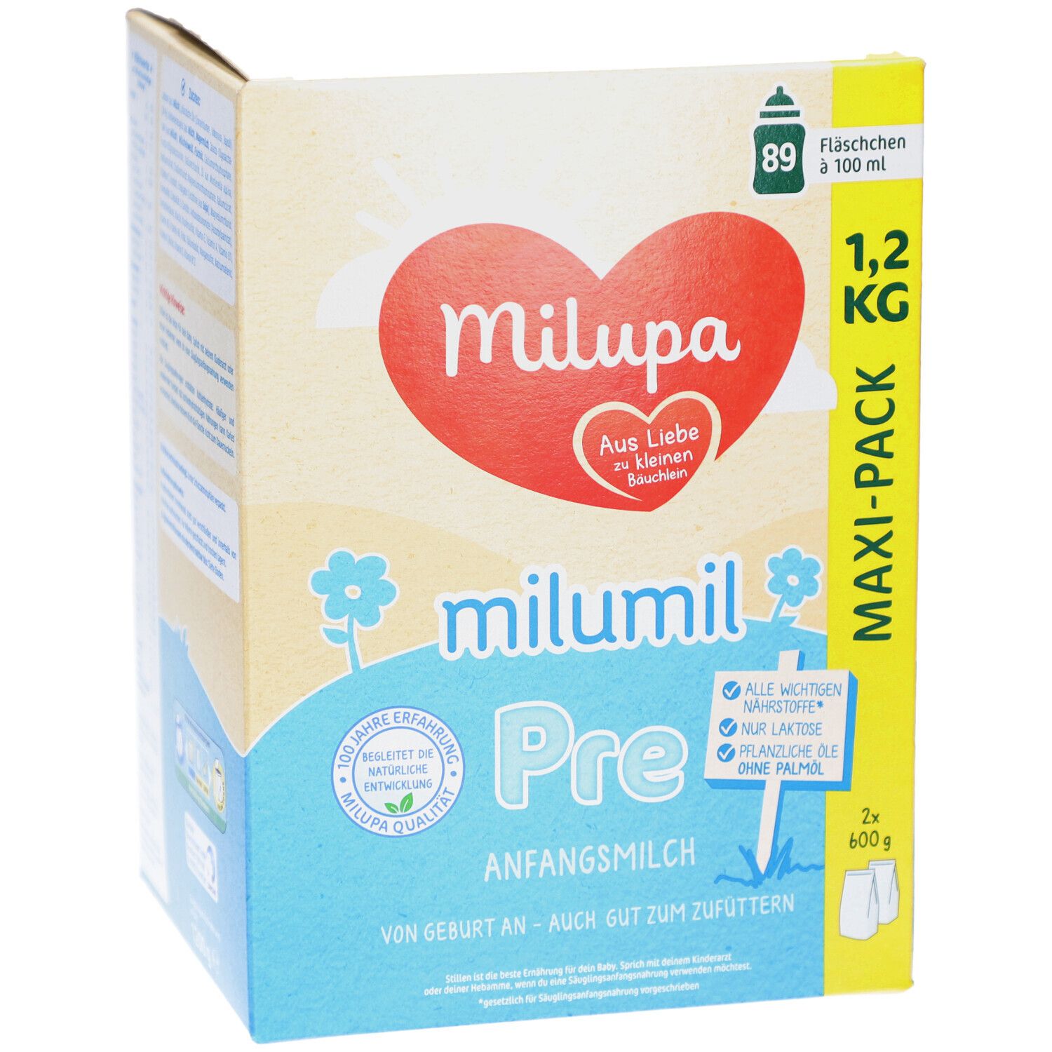 Milupa Milumil Pre 1,2 kg Maxi-Pack. Karton mit Produktinformationen und Logo. Geeignet ab Geburt.