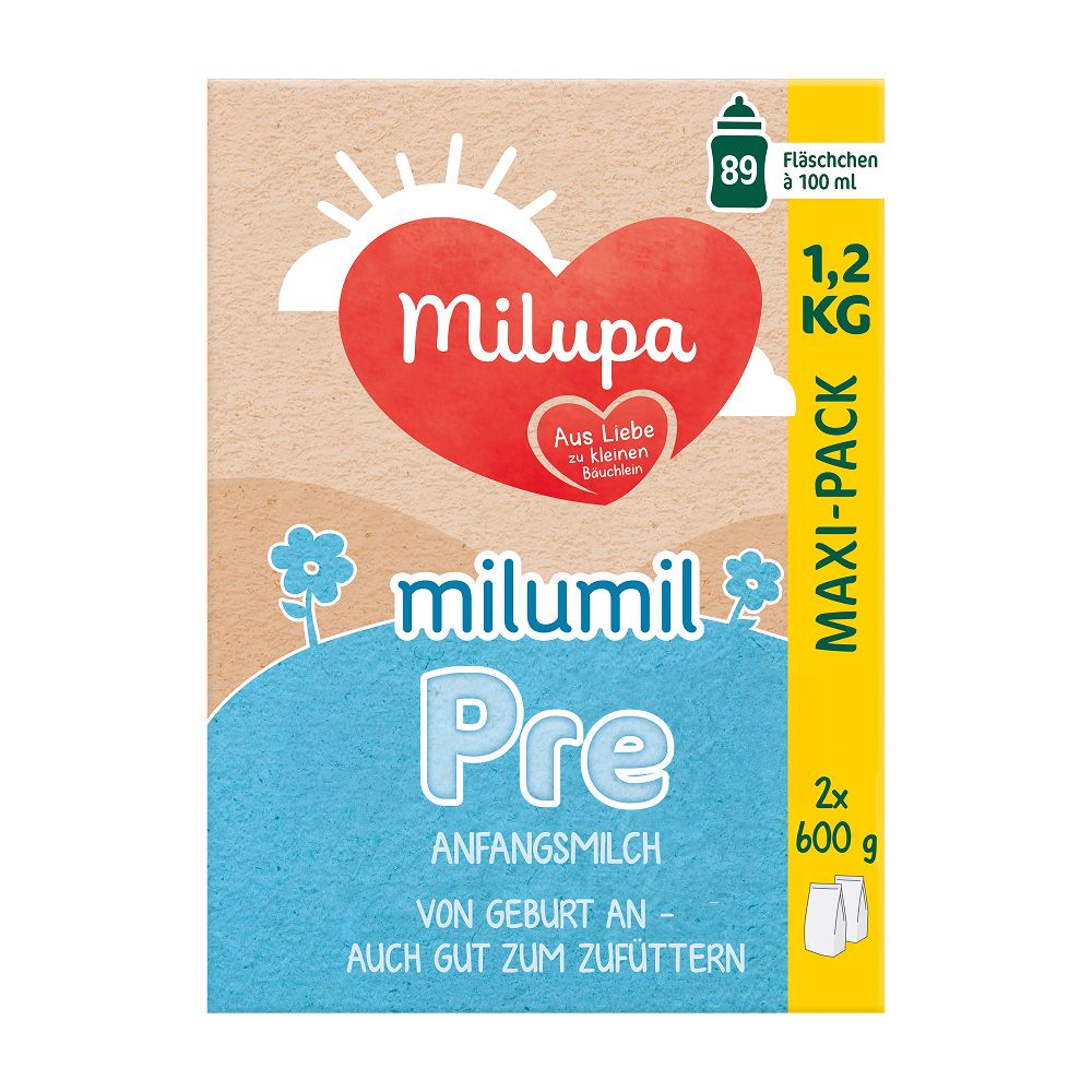 Milupa Milumil Pre Anfangsmilch Maxi-Pack 1,2 kg Karton, Vorderseite mit Logo und Produktinformationen.