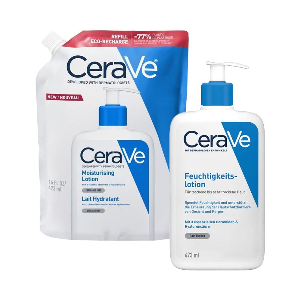 CeraVe Feuchtigkeitslotion und Nachfüllpackung. Weiße Flaschen mit blauen Akzenten und Pumpaufsatz. Aufschrift: Feuchtigkeitslotion, Lait Hydratant.