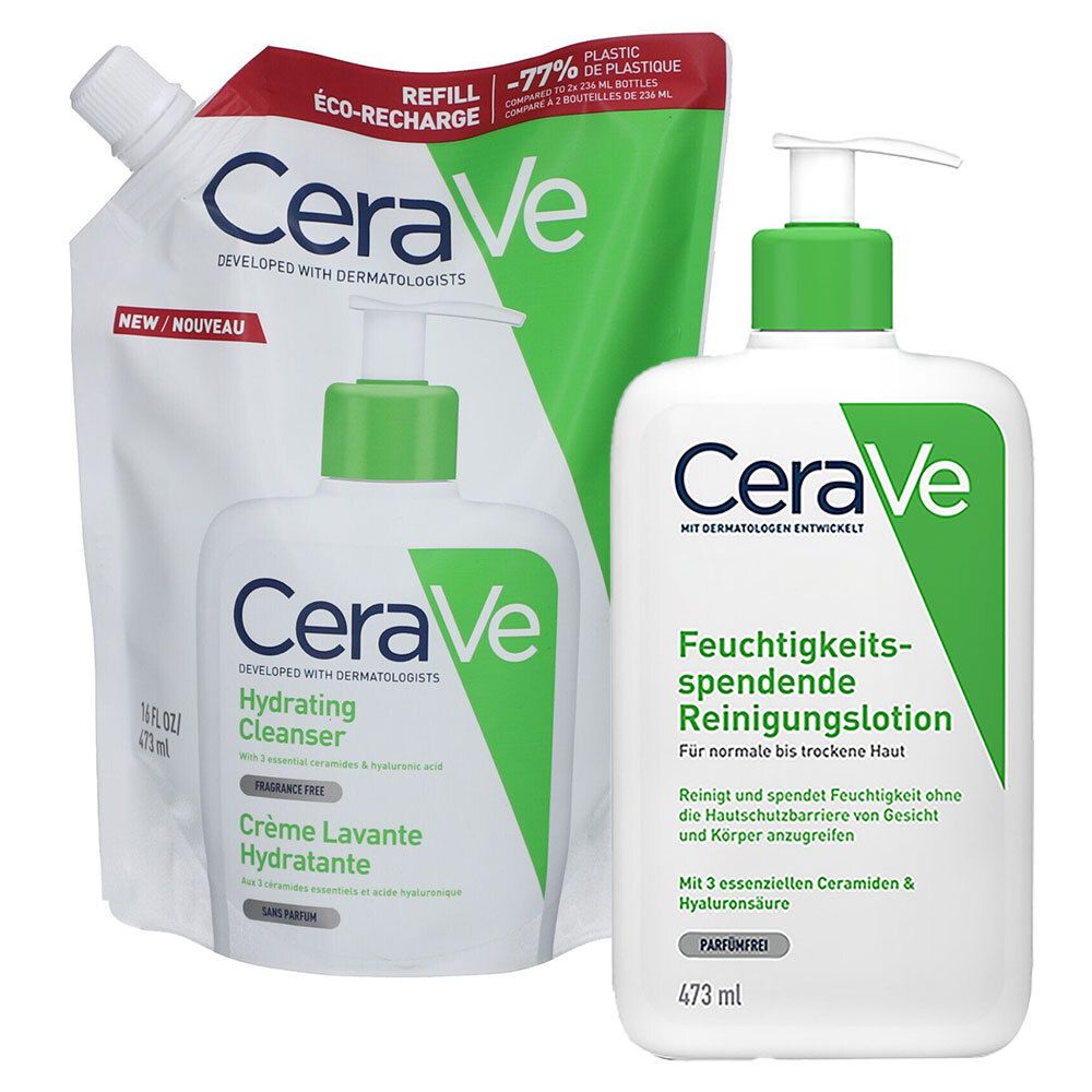 Drei CeraVe-Produkte: Reinigungslotion, Nachfüllpack und Hydrating Cleanser. Weiße Flaschen mit grünen Akzenten und Text.