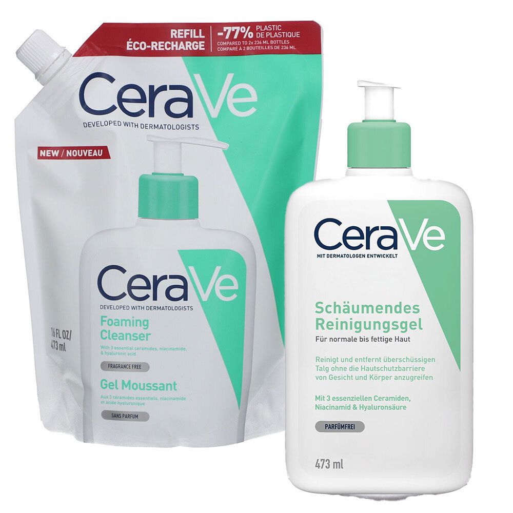 Zwei CeraVe-Reinigungsgel-Produkte. Eine Flasche mit Pumpe und eine Nachfüllpackung. Beide weiß mit grünen Akzenten und Text.