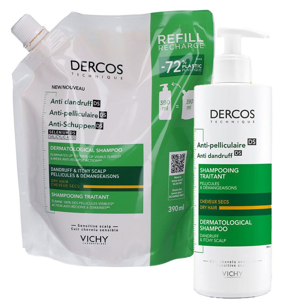 Zwei Vichy Dercos Anti-Schuppen Produkte. Eine Flasche mit Pumpe und eine Nachfüllpackung. Beide mit grünen und weißen Etiketten.