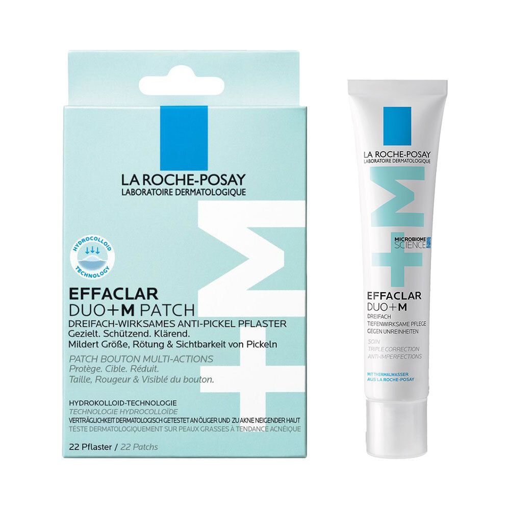 La Roche-Posay Effaclar DUO+M Patch und Creme. Verpackung mit Pflastern und Tube. Text: Effaclar DUO+M, Anti-Pickel-Pfaster.