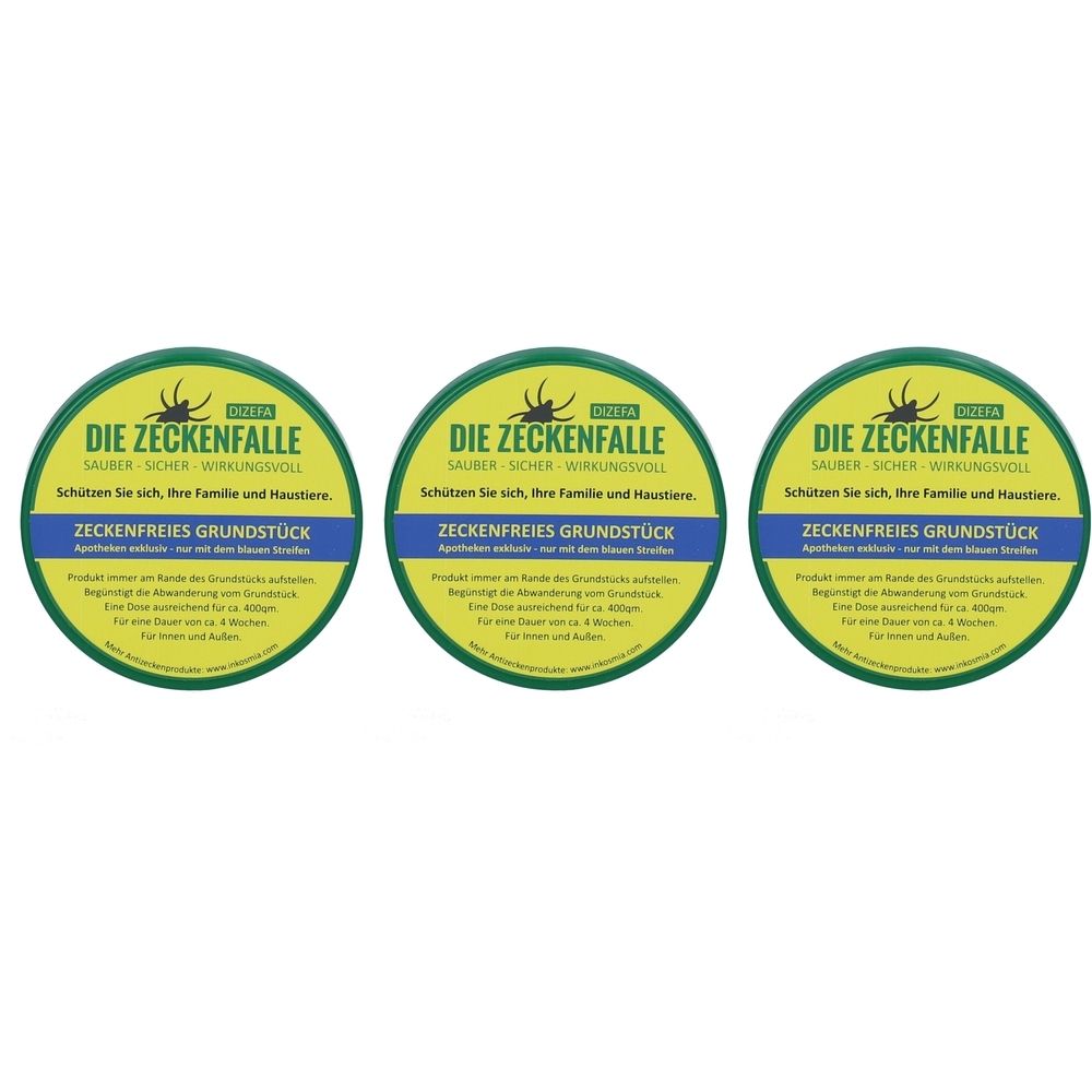 Drei runde Verpackungen mit dem Aufdruck "DIE ZECKENFALLE". Gelber Hintergrund, blauer Streifen mit Text. Text: "ZECKENFREIES GRUNDSTÜCK".