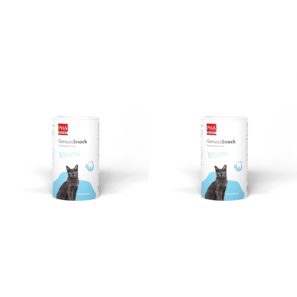 Zwei zylindrische Behälter. Aufschrift: PHA GenussSnack. Abbildung einer Katze auf blauem Hintergrund. Doppelpack.