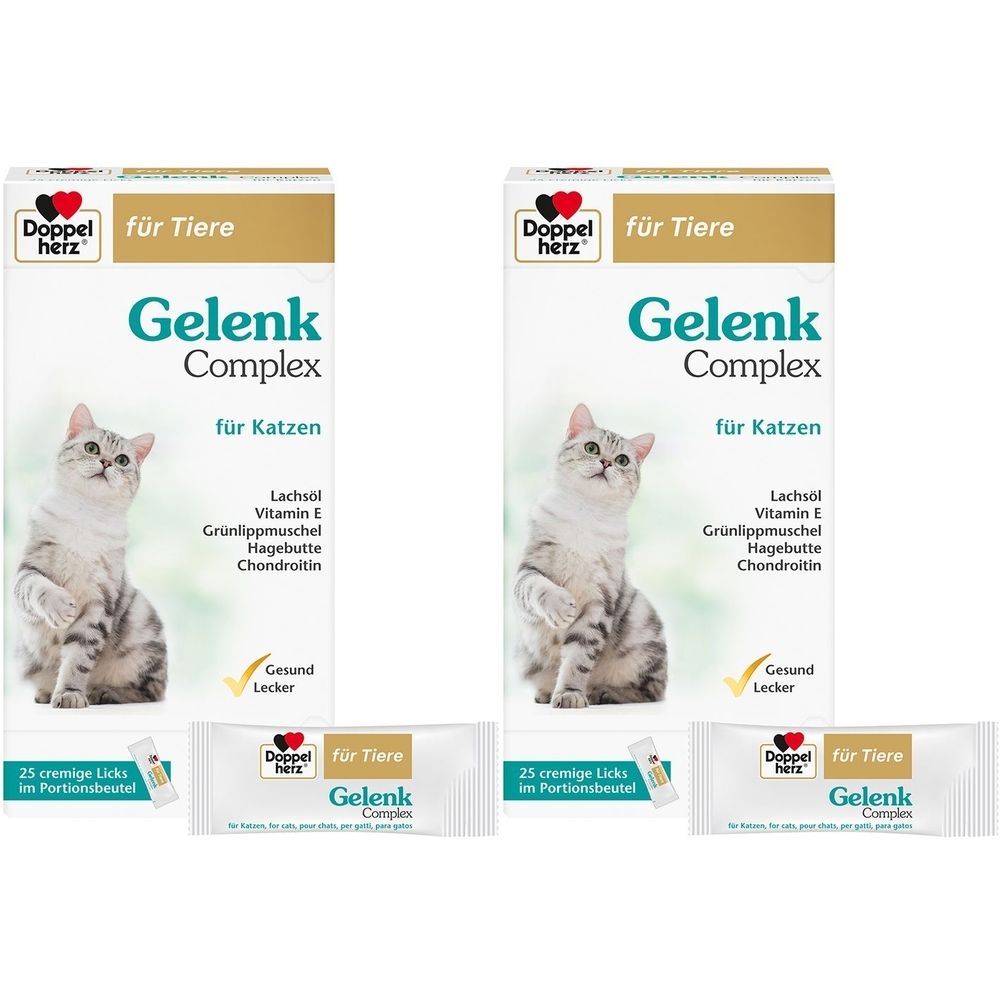 Doppelpackung für Katzen. Enthält zwei Kartons mit "Gelenk Complex" und zwei Portionenbeuteln. Marke: Doppelherz.