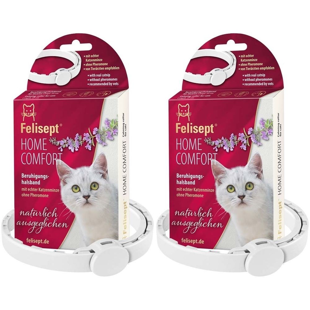 Zwei Felisept Home Comfort Halsbänder für Katzen mit Verpackung. Weißes Halsband, rote Schachtel mit Katze.