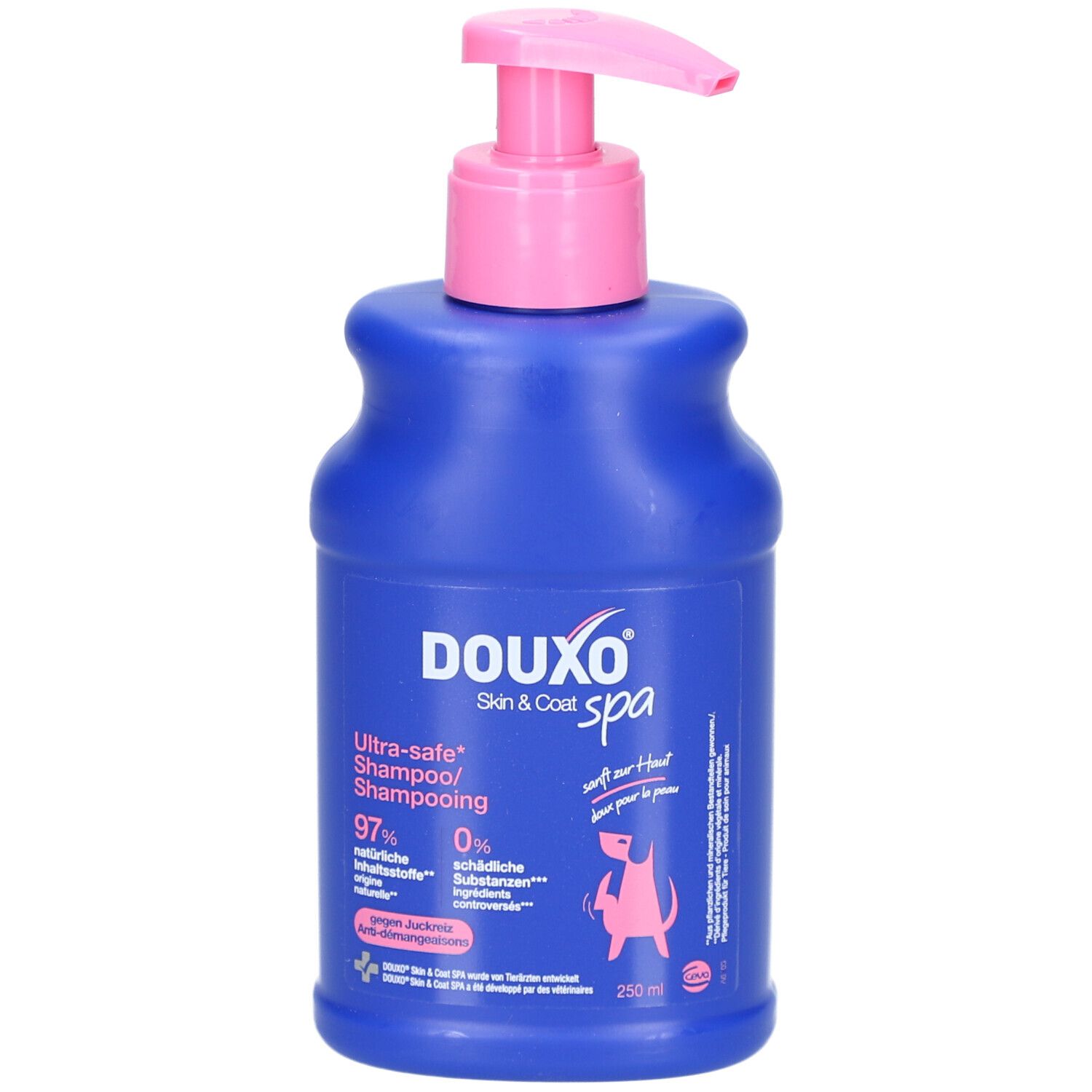 Blaue Flasche mit rosa Pumpkopf. Aufschrift DOUXO® SPA, Ultra-safe Shampoo, gegen Juckreiz. 97% natürliche Inhaltsstoffe.
