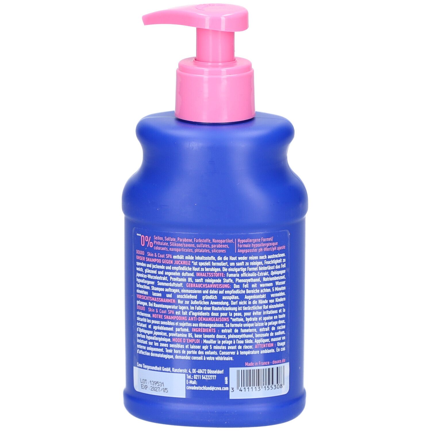 Rückseite der blauen Flasche mit rosa Pumpkopf. Textinformationen in mehreren Sprachen. 0% schädliche Substanzen.