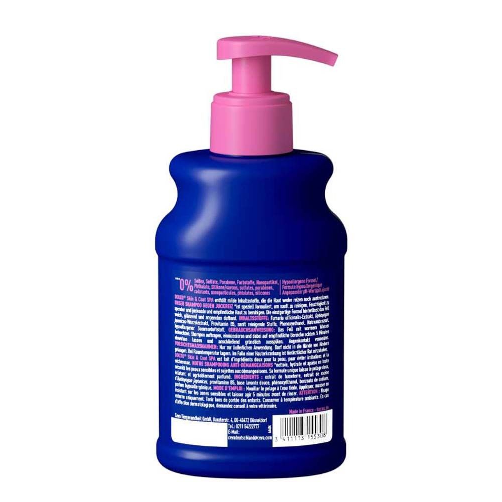 Rückseite der blauen Flasche mit rosa Pumpe. Text und Informationen zum Produkt.