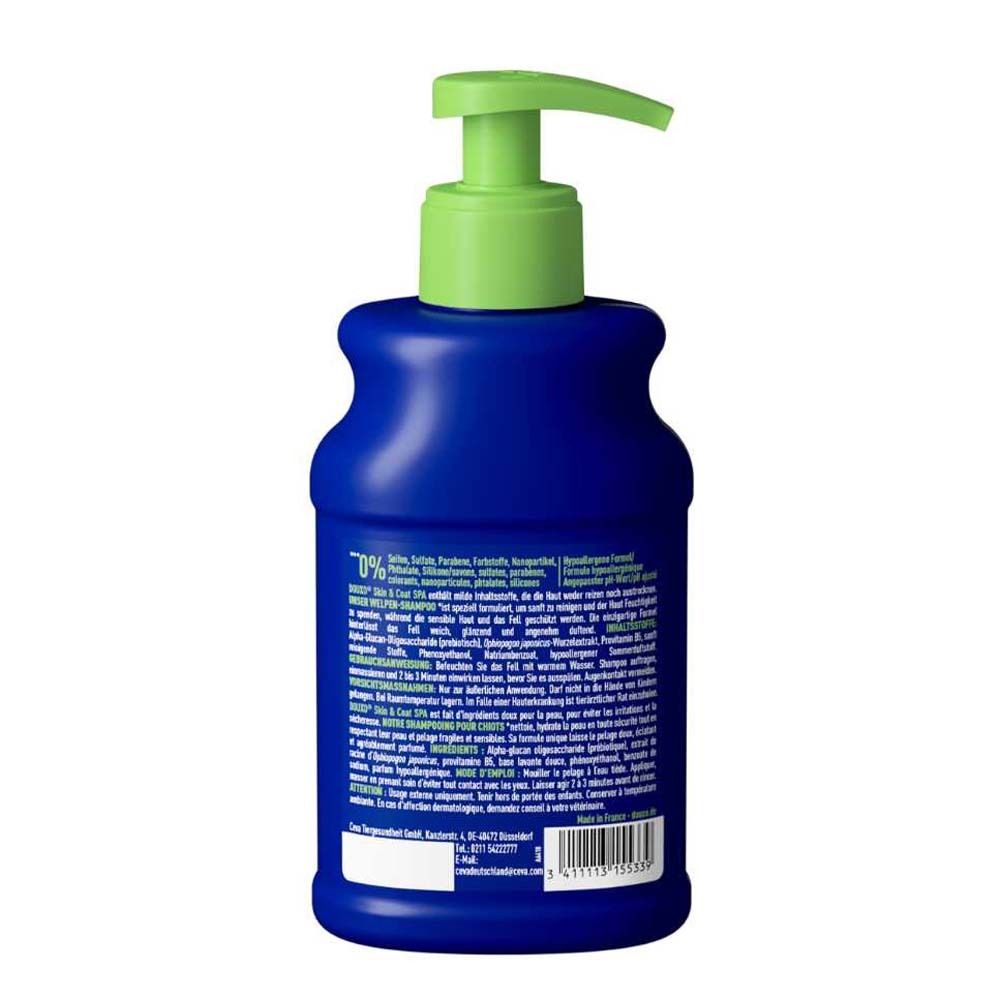 Rückseite der blauen Flasche mit grünem Pumpkopf. Text und Inhaltsstoffe.