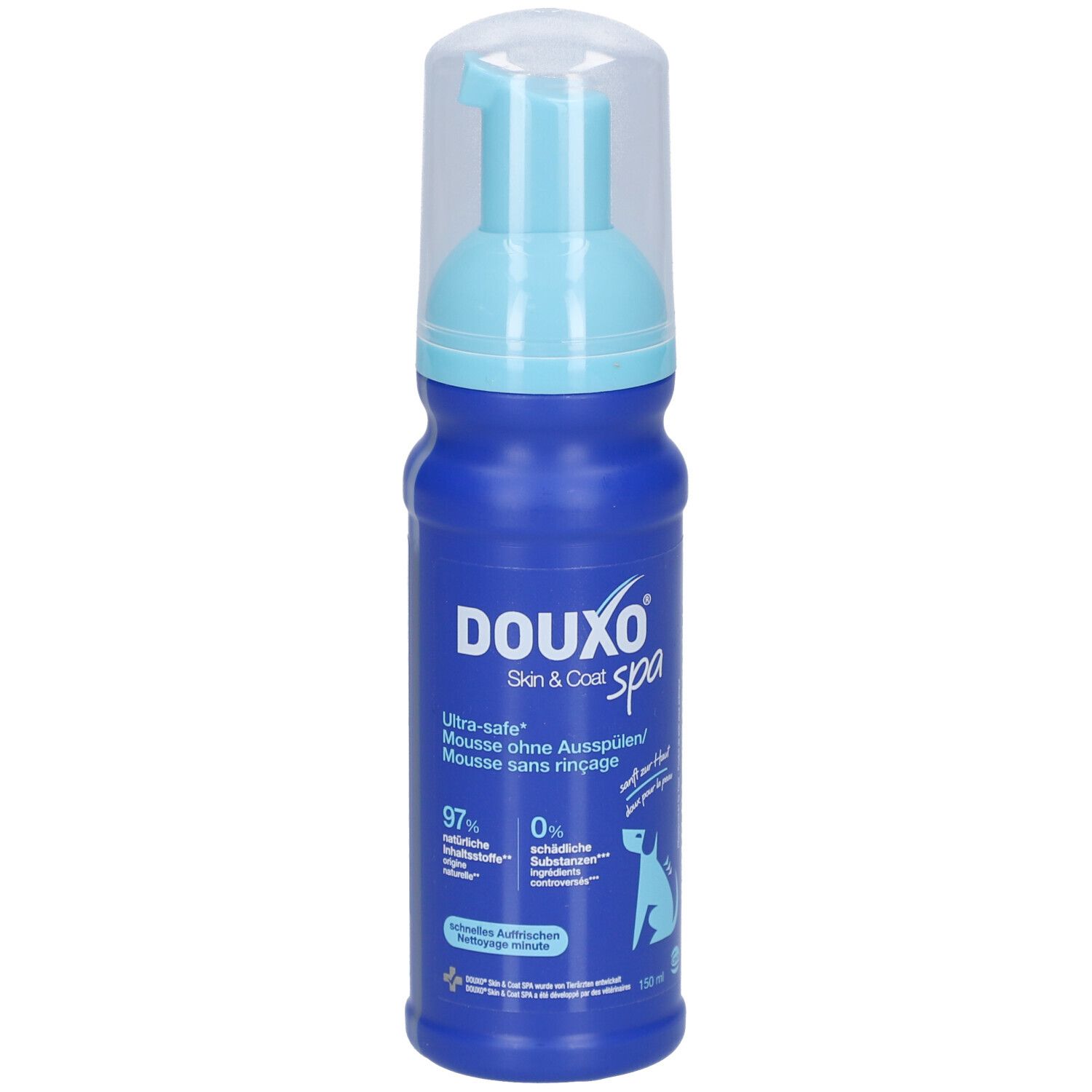Blaue Flasche mit blauem Sprühkopf. Aufschrift DOUXO spa. Mousse ohne Ausspülen. 97% natürliche Inhaltsstoffe.
