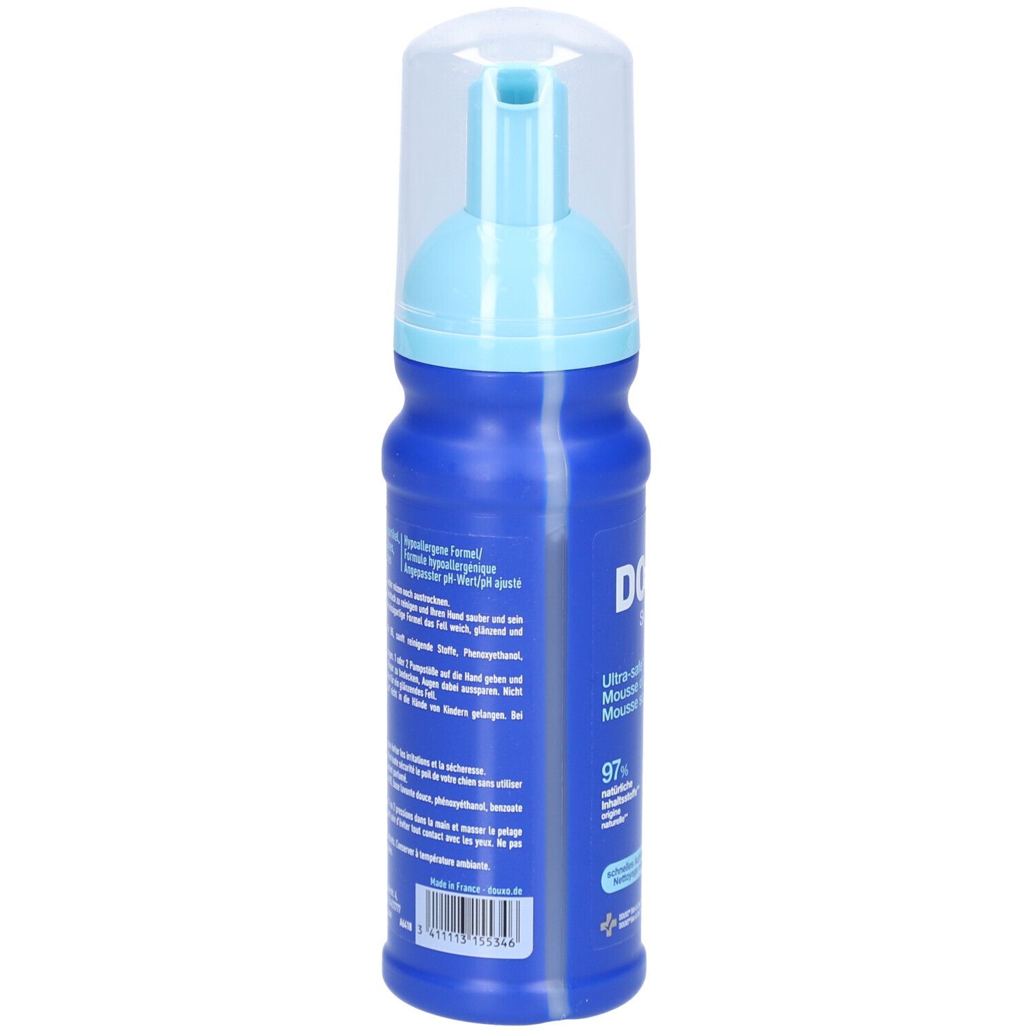 Blaue Flasche mit Text. Enthält Informationen über Inhaltsstoffe und Anwendung. Mit blauem Sprühkopf und transparenter Kappe.