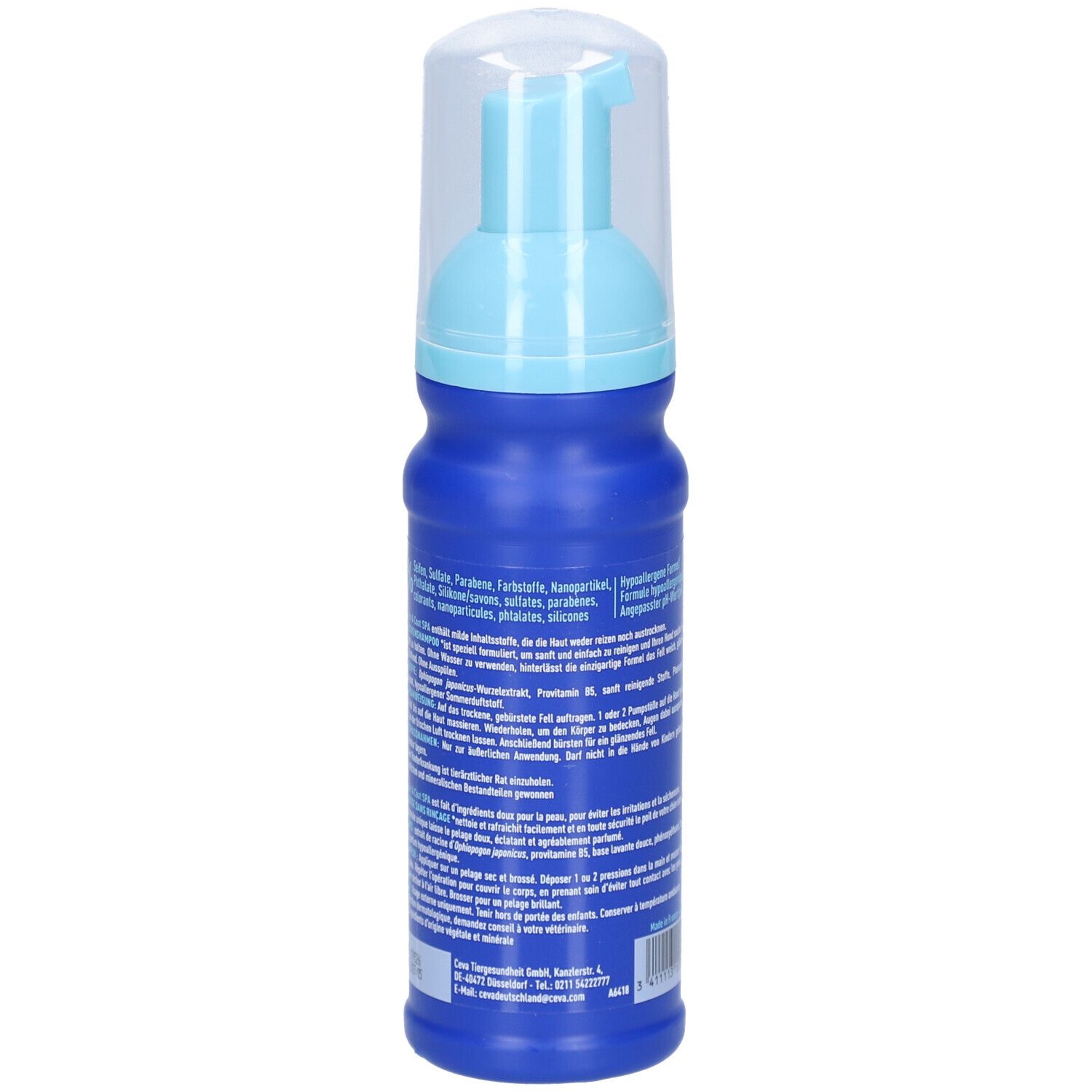 Blaue Flasche mit Text. Enthält Informationen über Inhaltsstoffe und Anwendung. Mit blauem Sprühkopf und transparenter Kappe.