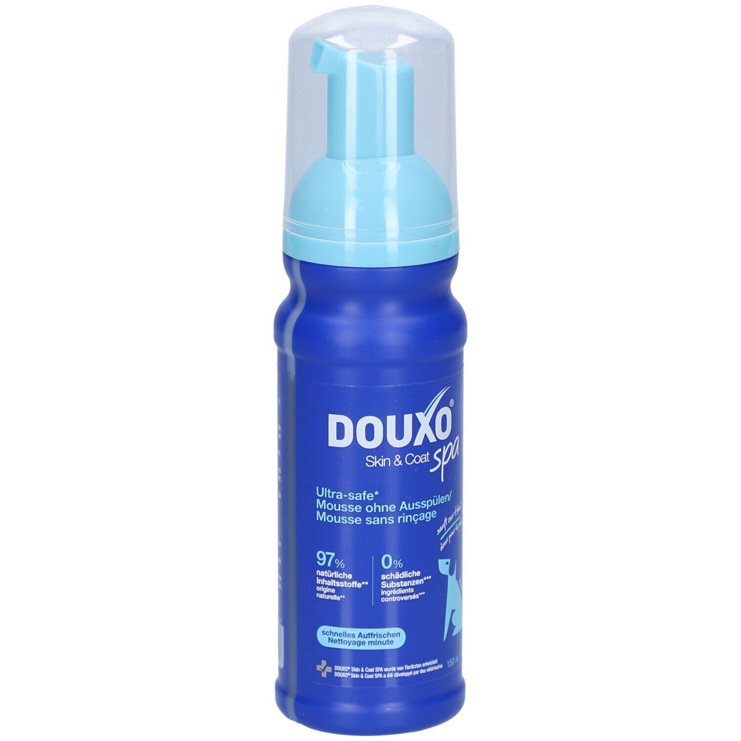 Blaue Flasche mit blauem Sprühkopf. Aufschrift DOUXO spa. Mousse ohne Ausspülen. 97% natürliche Inhaltsstoffe.