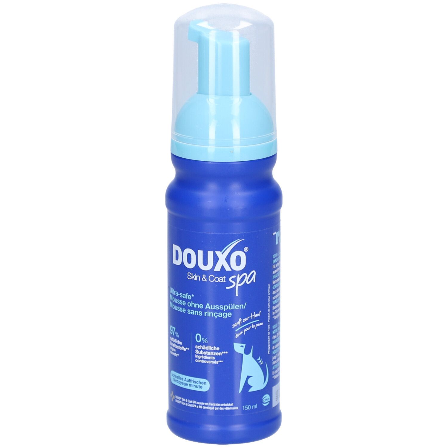 Blaue Flasche mit blauem Sprühkopf. Aufschrift DOUXO spa. Mousse ohne Ausspülen. 97% natürliche Inhaltsstoffe.