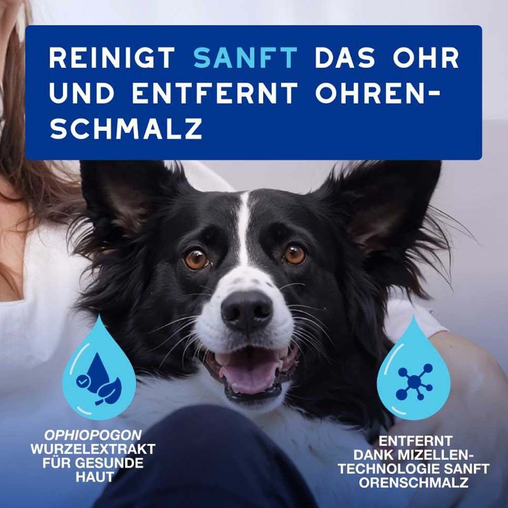 Hund mit Text: Reinigt sanft das Ohr und entfernt Ohrenschmalz. Tropfen mit Text: Ophiopogon Wurzelextrakt für gesunde Haut.