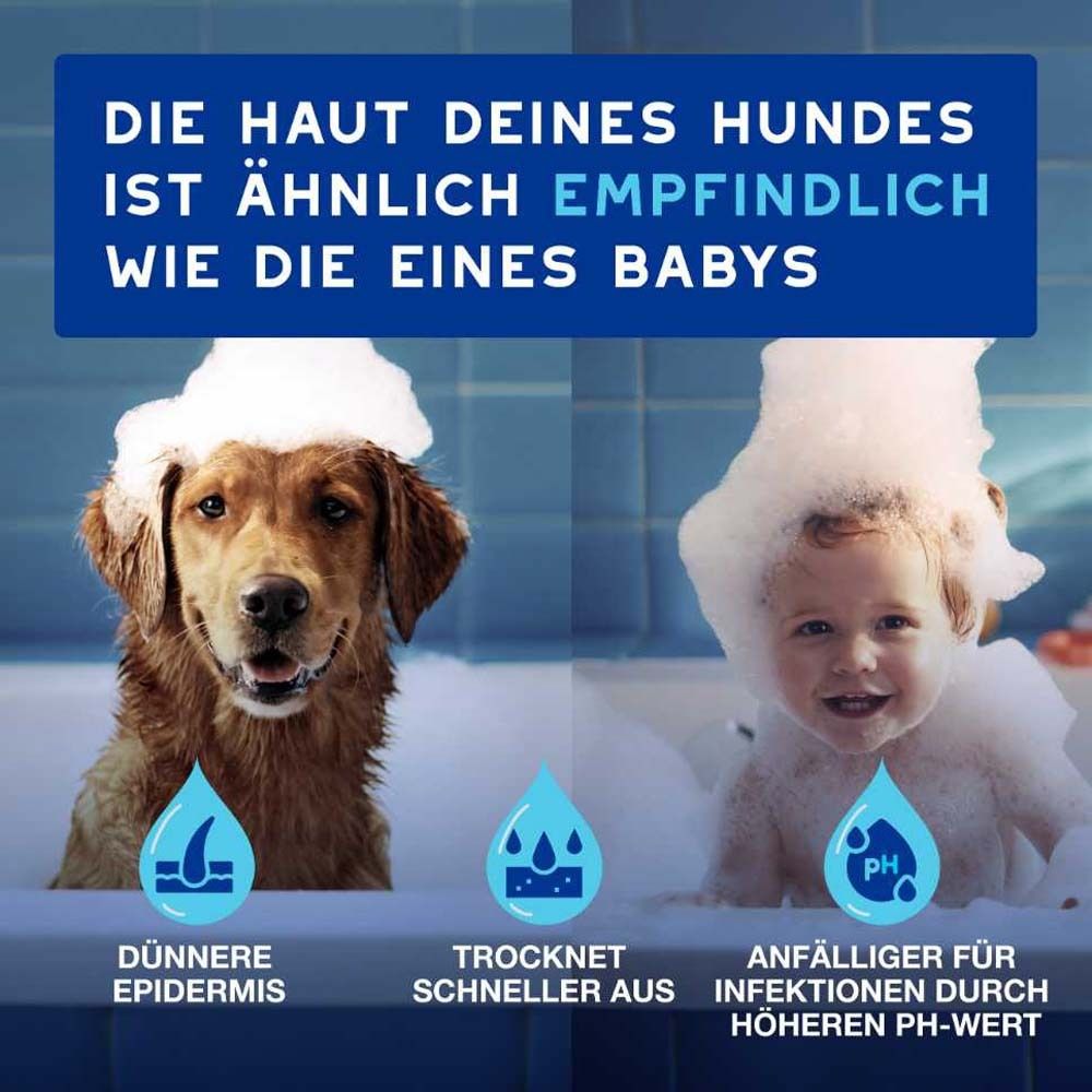 Hund und Baby in Badewanne. Text: Die Haut deines Hundes ist ähnlich empfindlich wie die eines Babys. Tropfen mit Text.