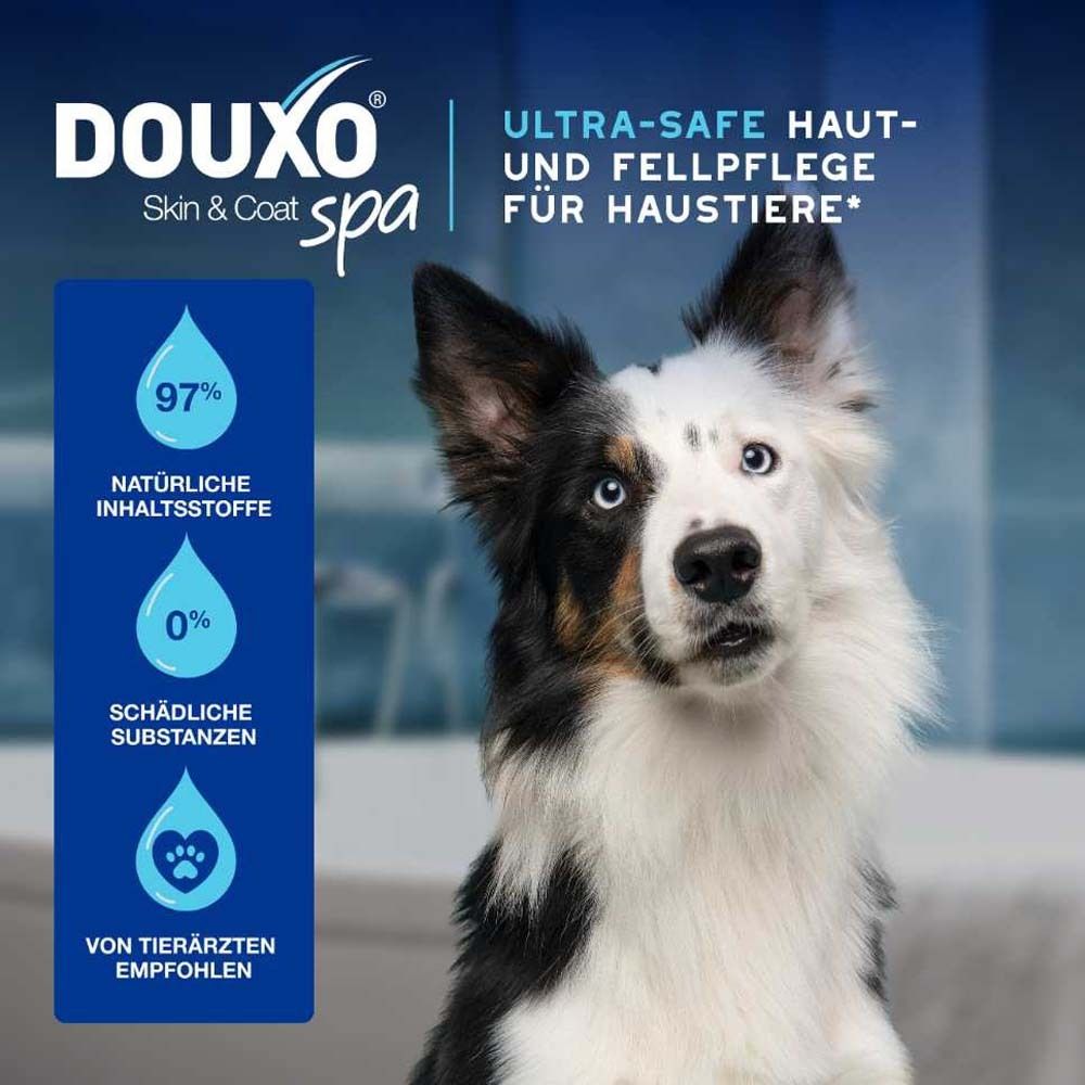 Hund mit Text: Ultra-safe Haut- und Fellpflege für Haustiere. 97% natürliche Inhaltsstoffe, 0% schädliche Substanzen. Tierärzte empfohlen.