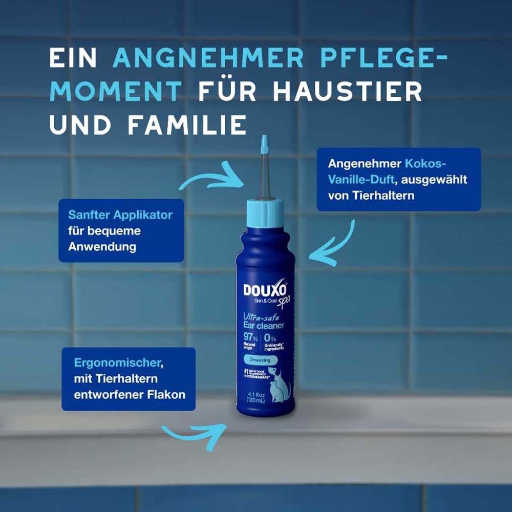 Blaue Flasche mit Applikator. Text: Angenehmer Kokos-Vanille-Duft, ausgewählt von Tierhaltern. Ergonomischer Flakon.