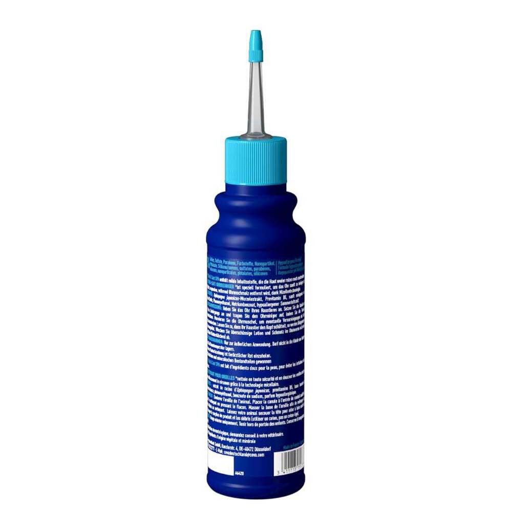 Rückseite der blauen Flasche mit Applikator. Text und Informationen in mehreren Sprachen. Barcode.