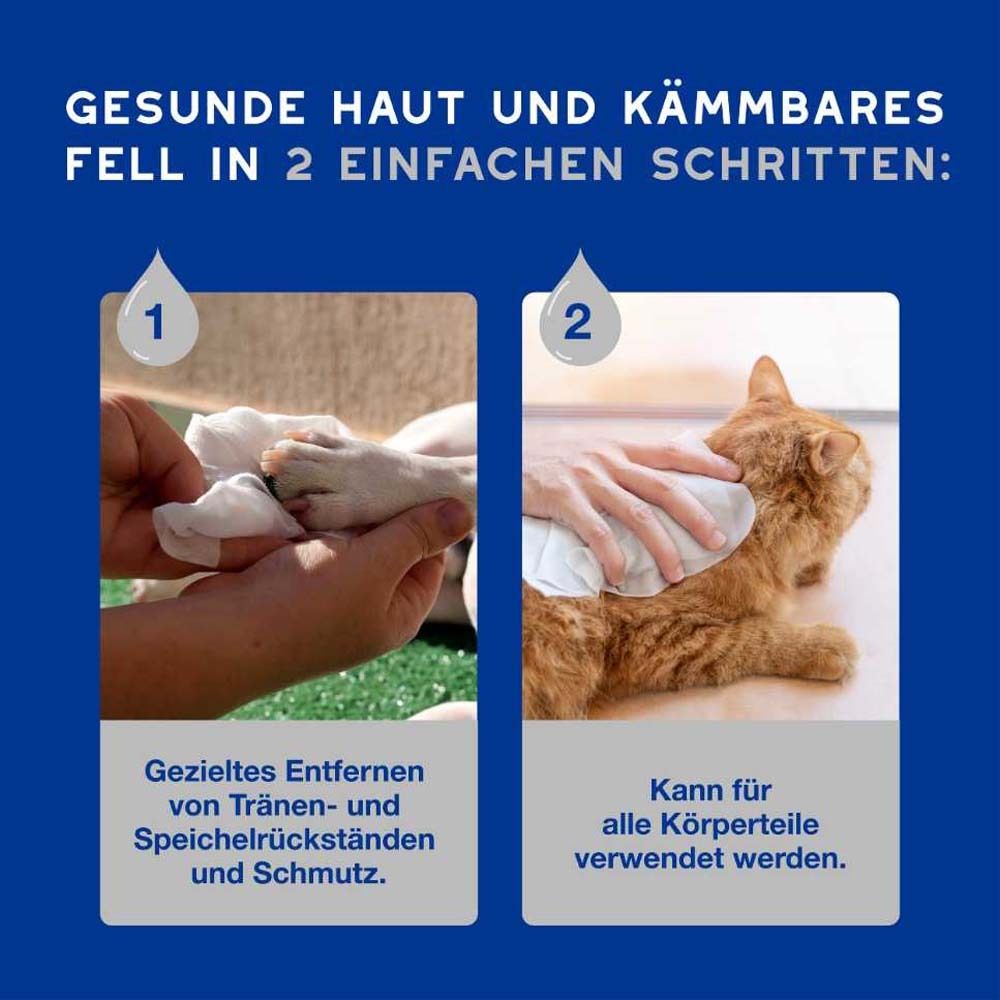 Schritte zur Anwendung der Feuchttücher. Text: Gesunde Haut und kämmbares Fell in 2 einfachen Schritten. Katze und Hund.
