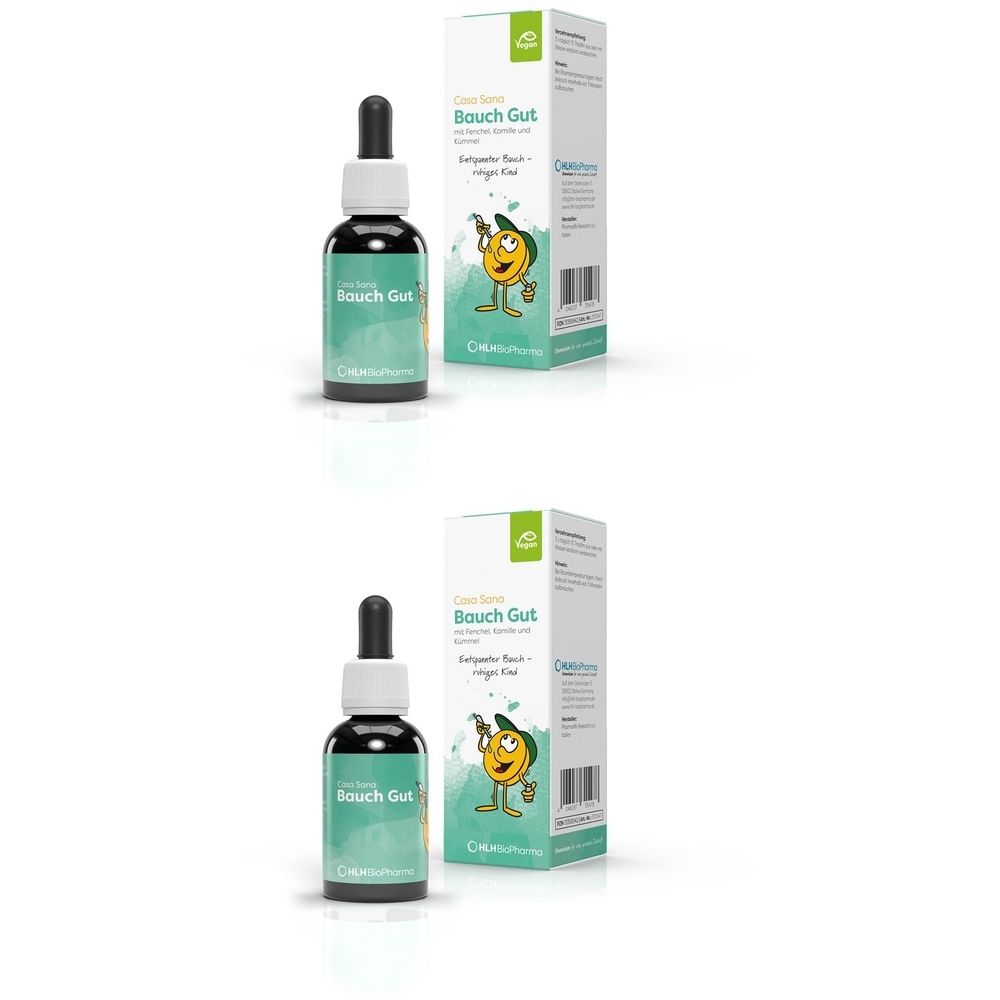Braune Glasflasche mit Tropfer und grüner Flüssigkeit, daneben eine Schachtel mit Produktinformationen. Aufschrift: Bauch Gut.