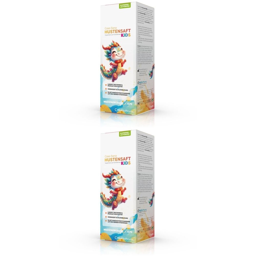Zwei Kartons Hustensaft KIDS, mit farbenfrohem Drachen-Design. Aufschrift: Hustensaft KIDS.