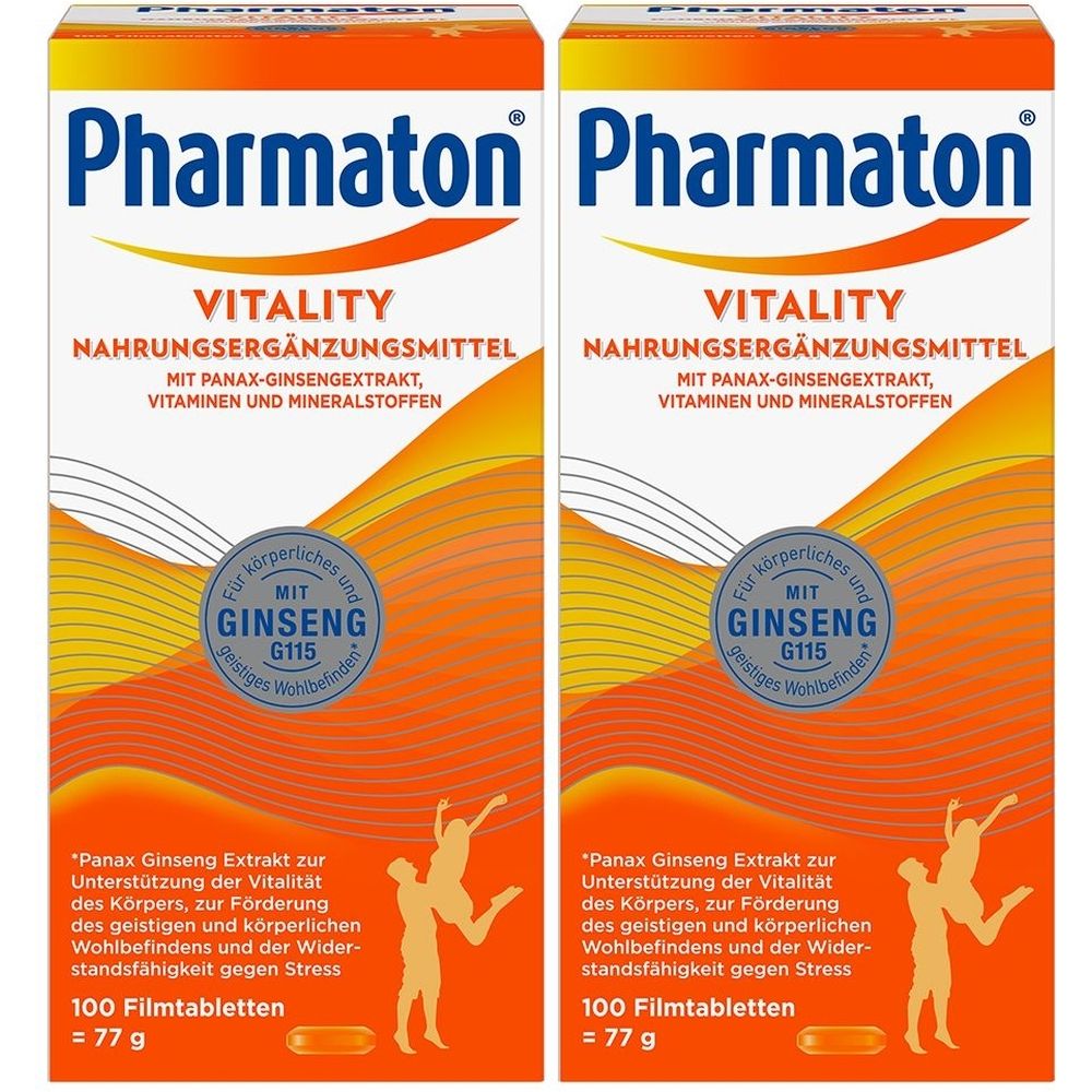 Zwei Packungen Pharmaton Vitality. Orangefarbene Verpackung mit Produktnamen und Inhaltsangaben. Enthält Ginseng G115.