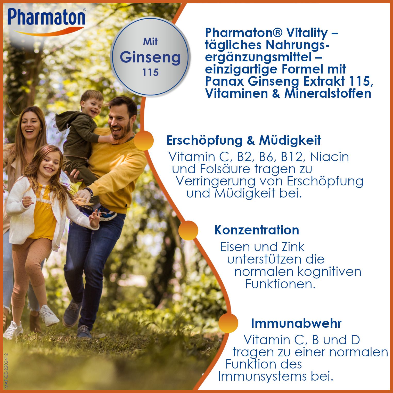Familie im Freien. Pharmaton Vitality mit Ginseng G115. Informationen zu Erschöpfung, Konzentration und Immunabwehr.