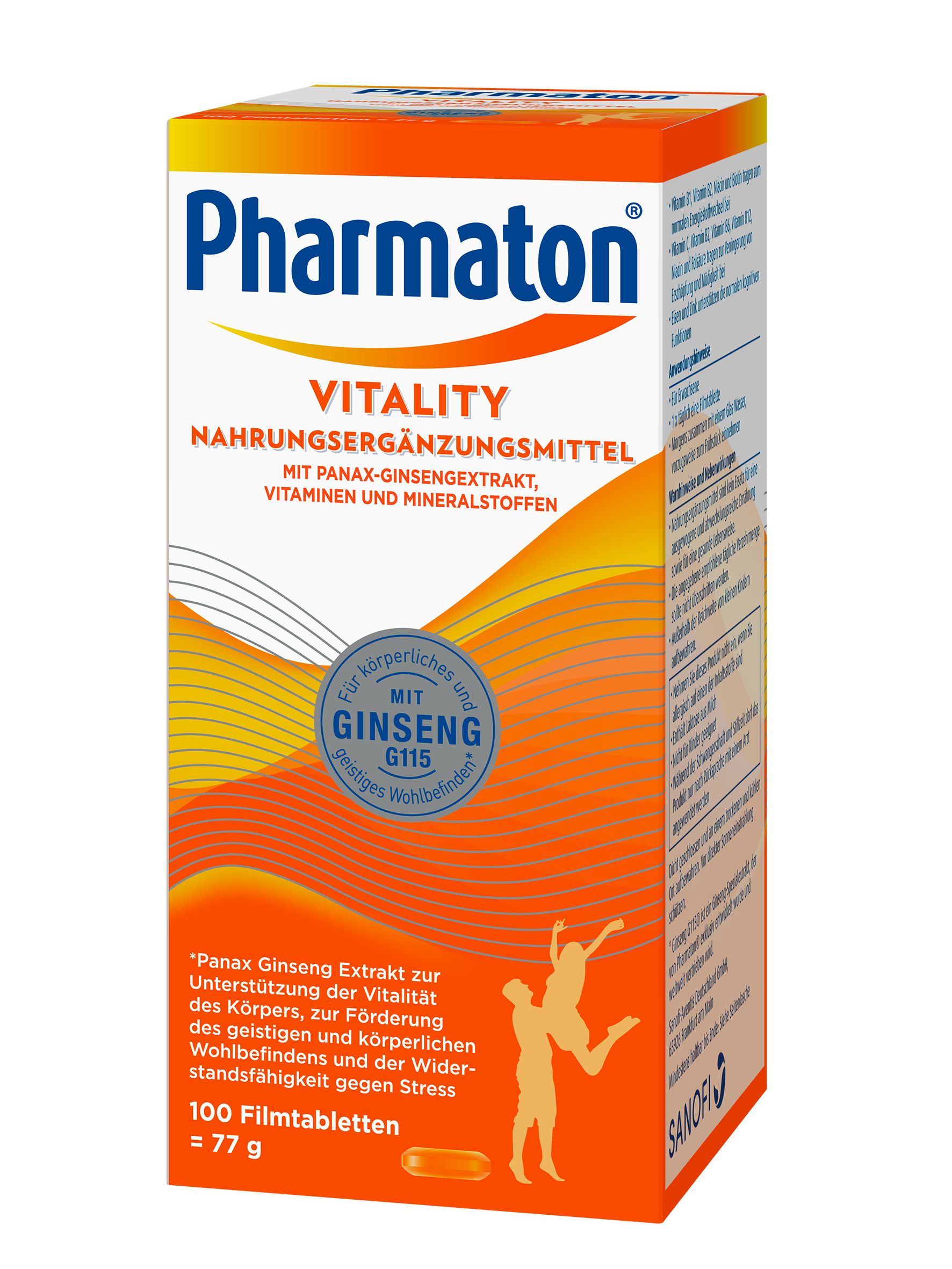 Pharmaton Vitality Packung. Nahrungsergänzungsmittel mit Ginseng G115, Vitaminen und Mineralstoffen. 100 Filmtabletten.