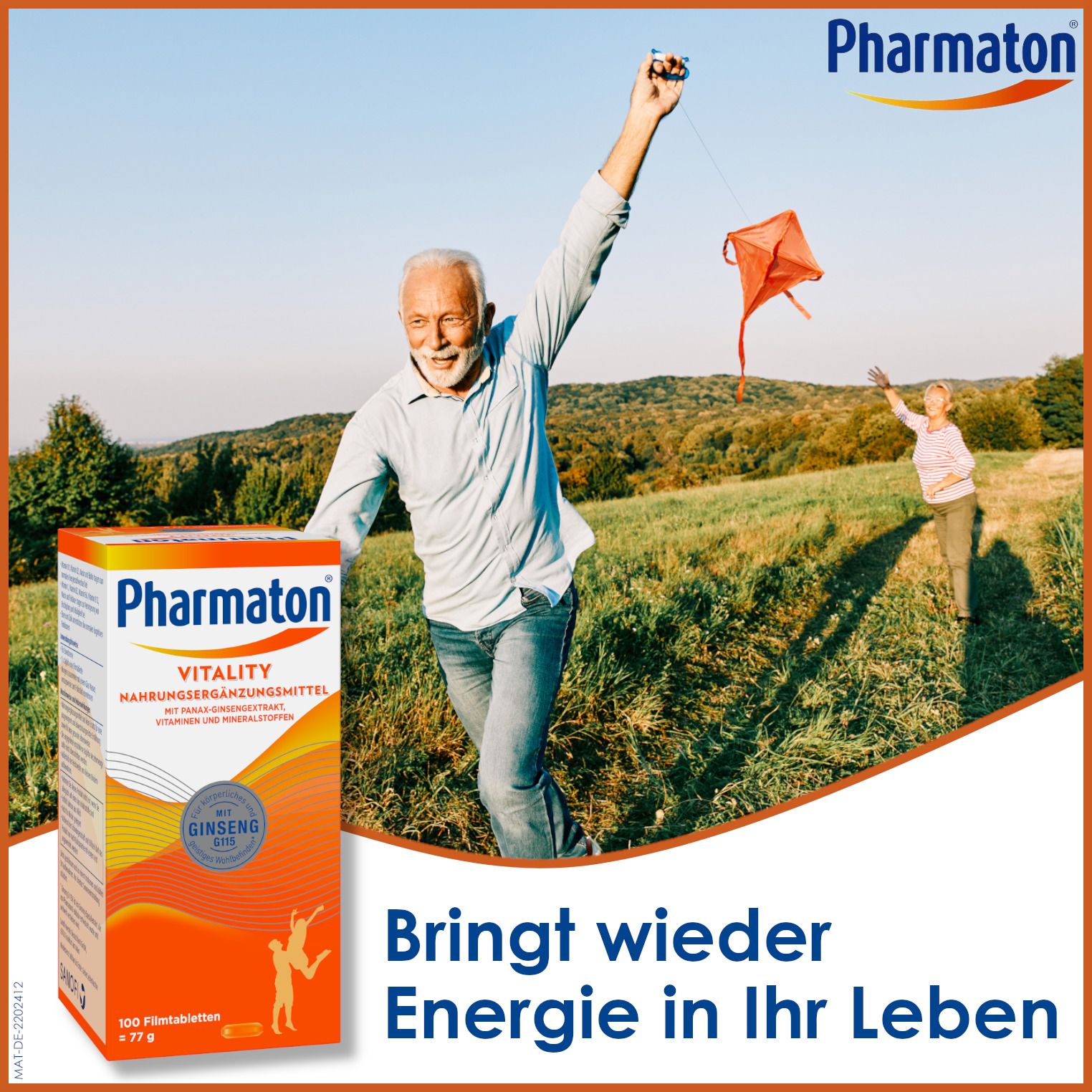 Mann mit Drachen. Packung Pharmaton Vitality. Text: Bringt wieder Energie in Ihr Leben. Hintergrund: Wiese, Bäume.