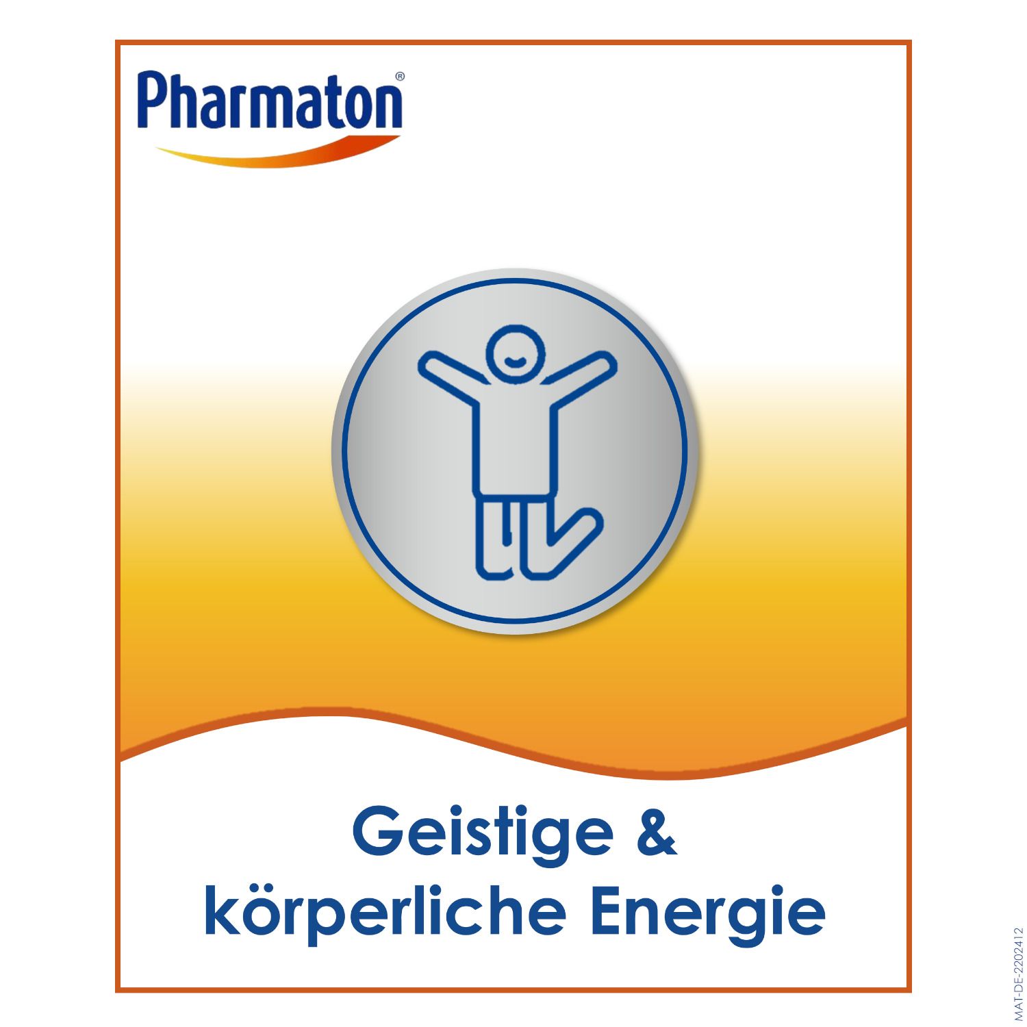 Kreis mit Illustration einer springenden Person. Text: Geistige & körperliche Energie. Hintergrund: Gelb.