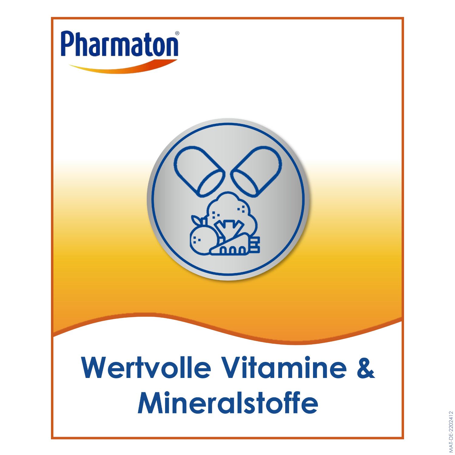 Kreis mit Illustration von Vitaminen und Mineralstoffen. Text: Wertvolle Vitamine & Mineralstoffe. Hintergrund: Gelb.