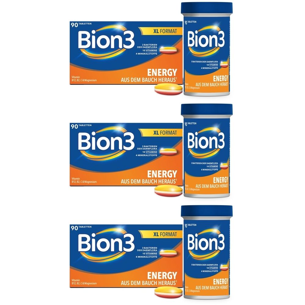 Mehrere Packungen und eine Dose Bion3 Energy. Aufschrift: Bion3, Energy, XL Format, 90 Tabletten. Eine Tablette liegt daneben.