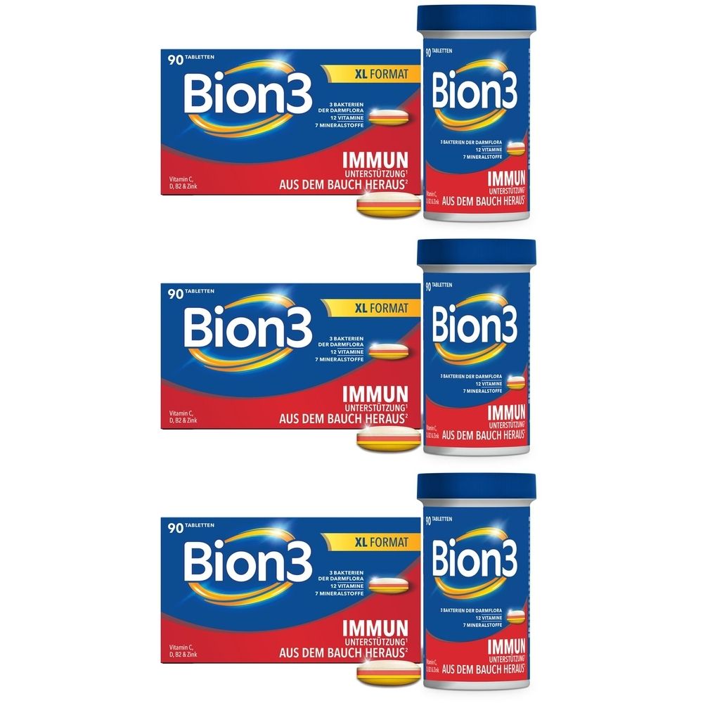 Mehrere Packungen und Dosen Bion3 Immun. Blaue Dosen und Packungen mit gelben Tabletten. Aufschrift: Bion3 Immun, 90 Tabletten.
